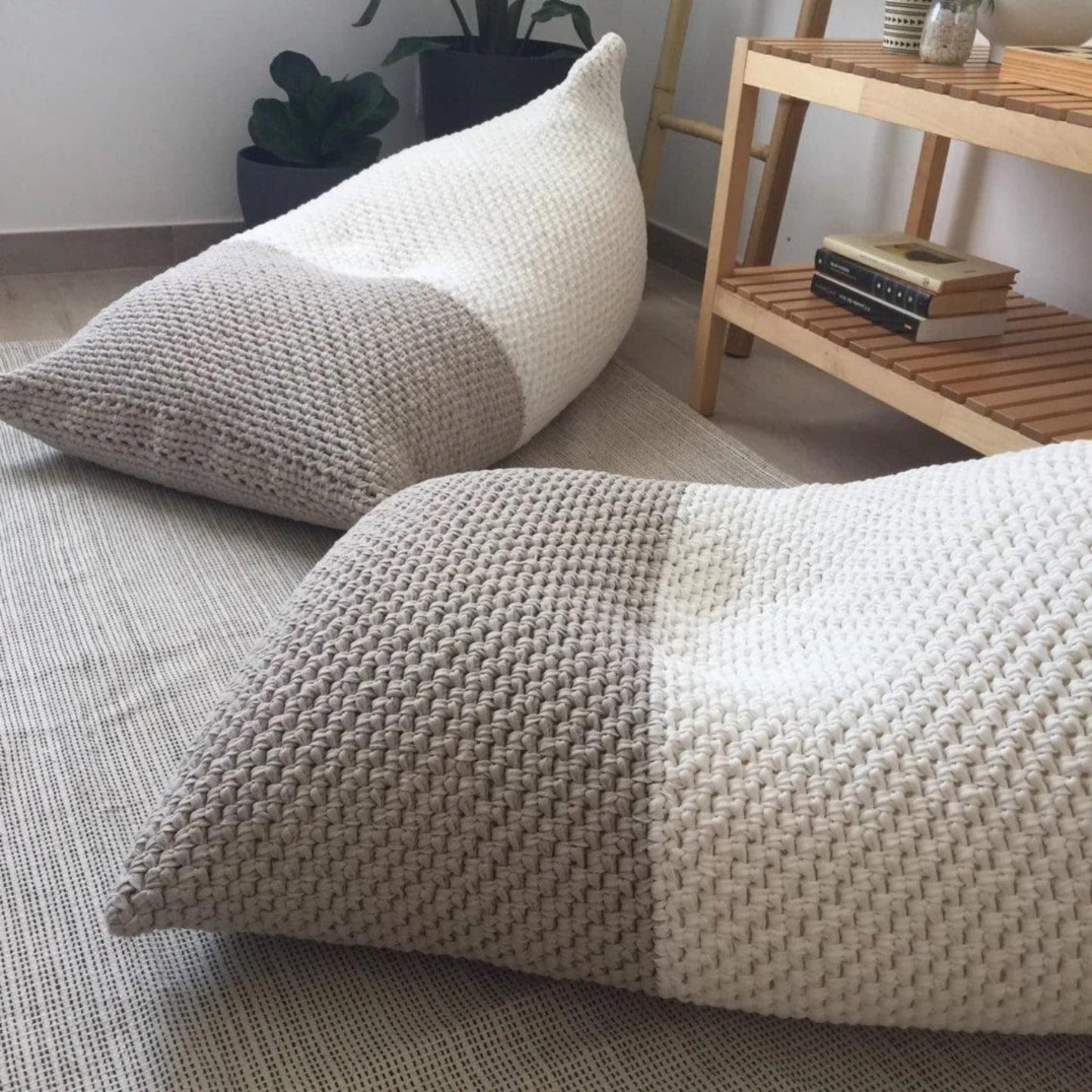 Neutral Knitted Bean Bag Chair, Floor Pillow Lounger - Looping Home