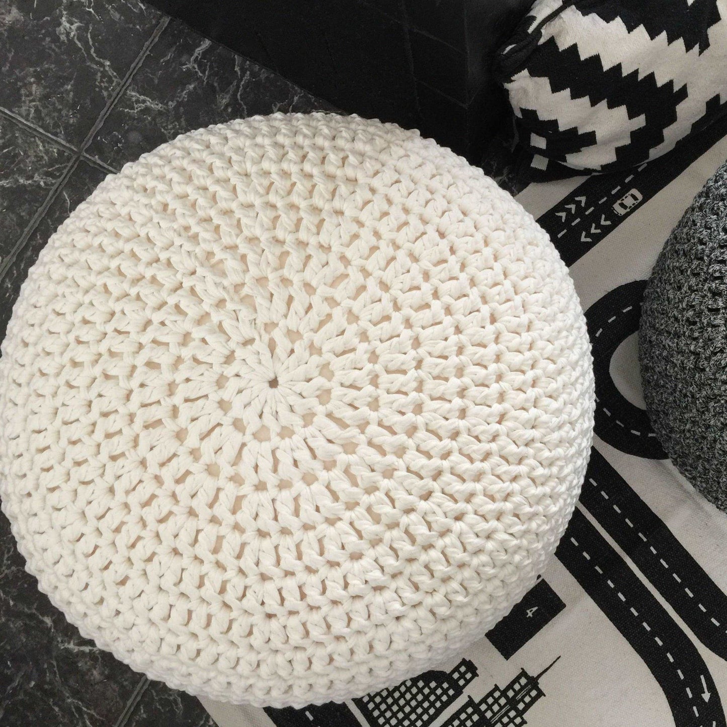Pearl White Crochet Pouf Ottoman - Looping Home