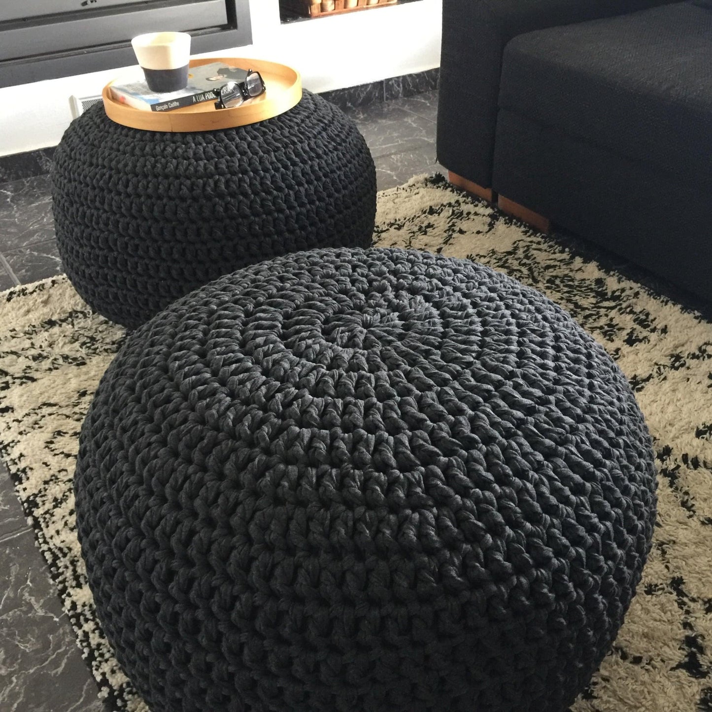 Pearl White Crochet Pouf Ottoman - Looping Home