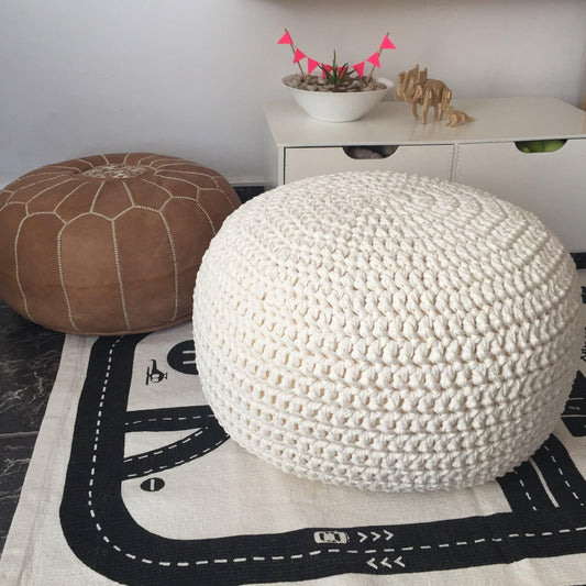 Pearl White Crochet Pouf Ottoman - Looping Home