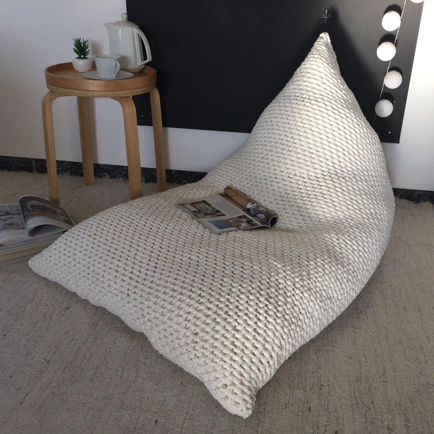 Pearl White Knitted Bean Bag Chair, Kidsroom Floor Sitting - Looping Home