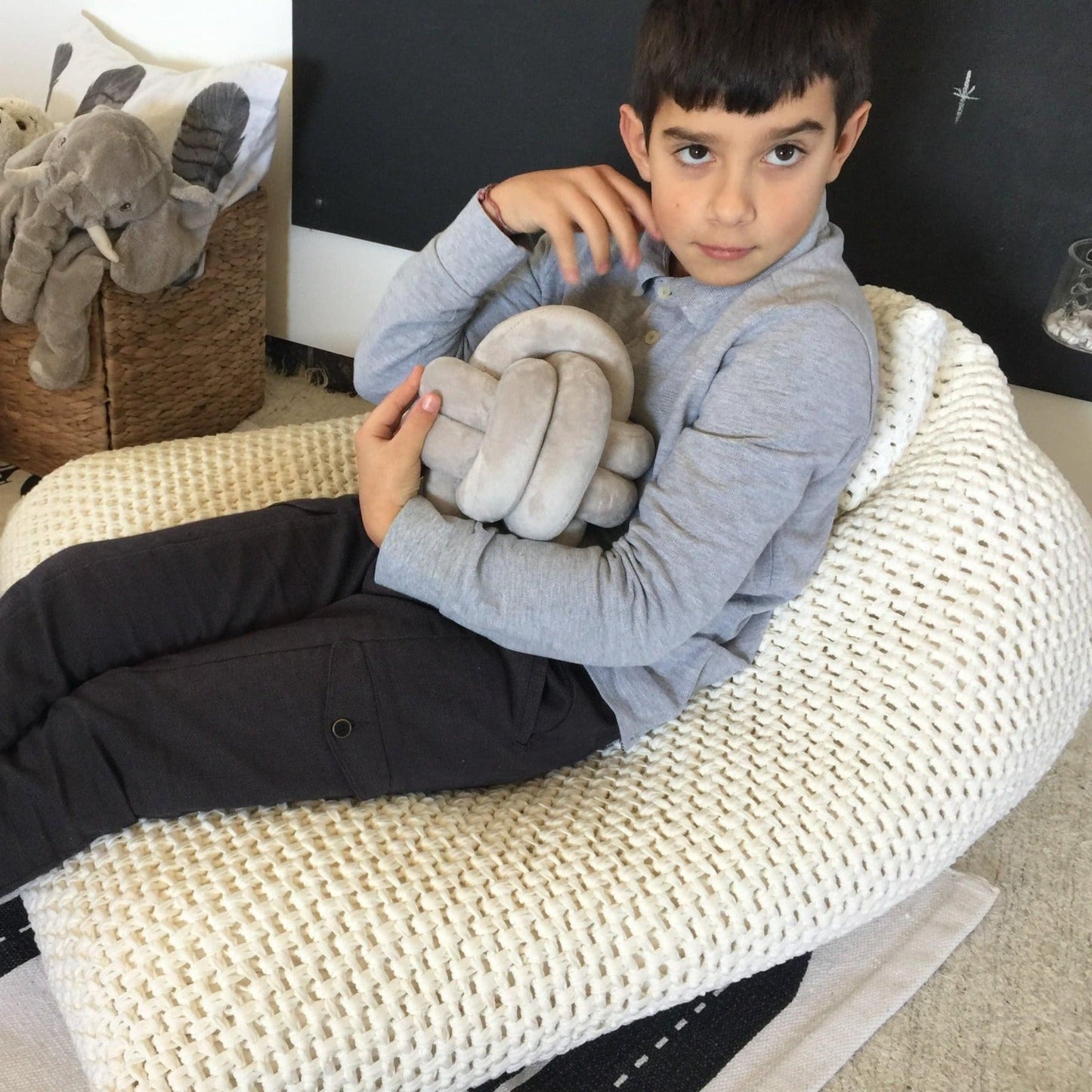 Pearl White Knitted Bean Bag Chair, Kidsroom Floor Sitting - Looping Home