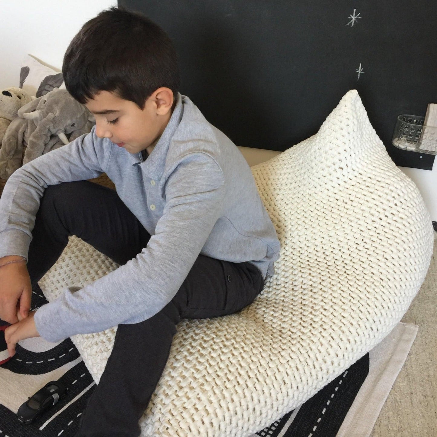 Pearl White Knitted Bean Bag Chair, Kidsroom Floor Sitting - Looping Home