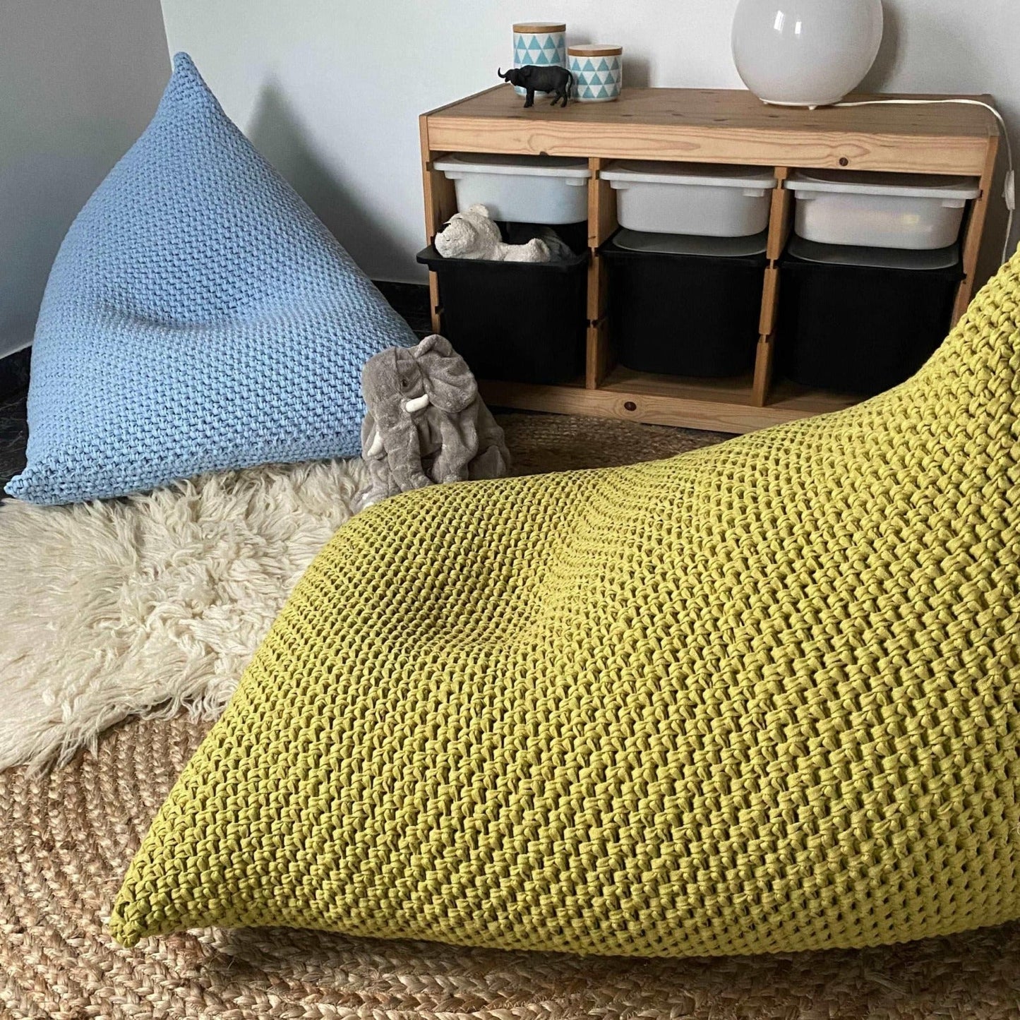 Pearl White Knitted Bean Bag Chair, Kidsroom Floor Sitting - Looping Home