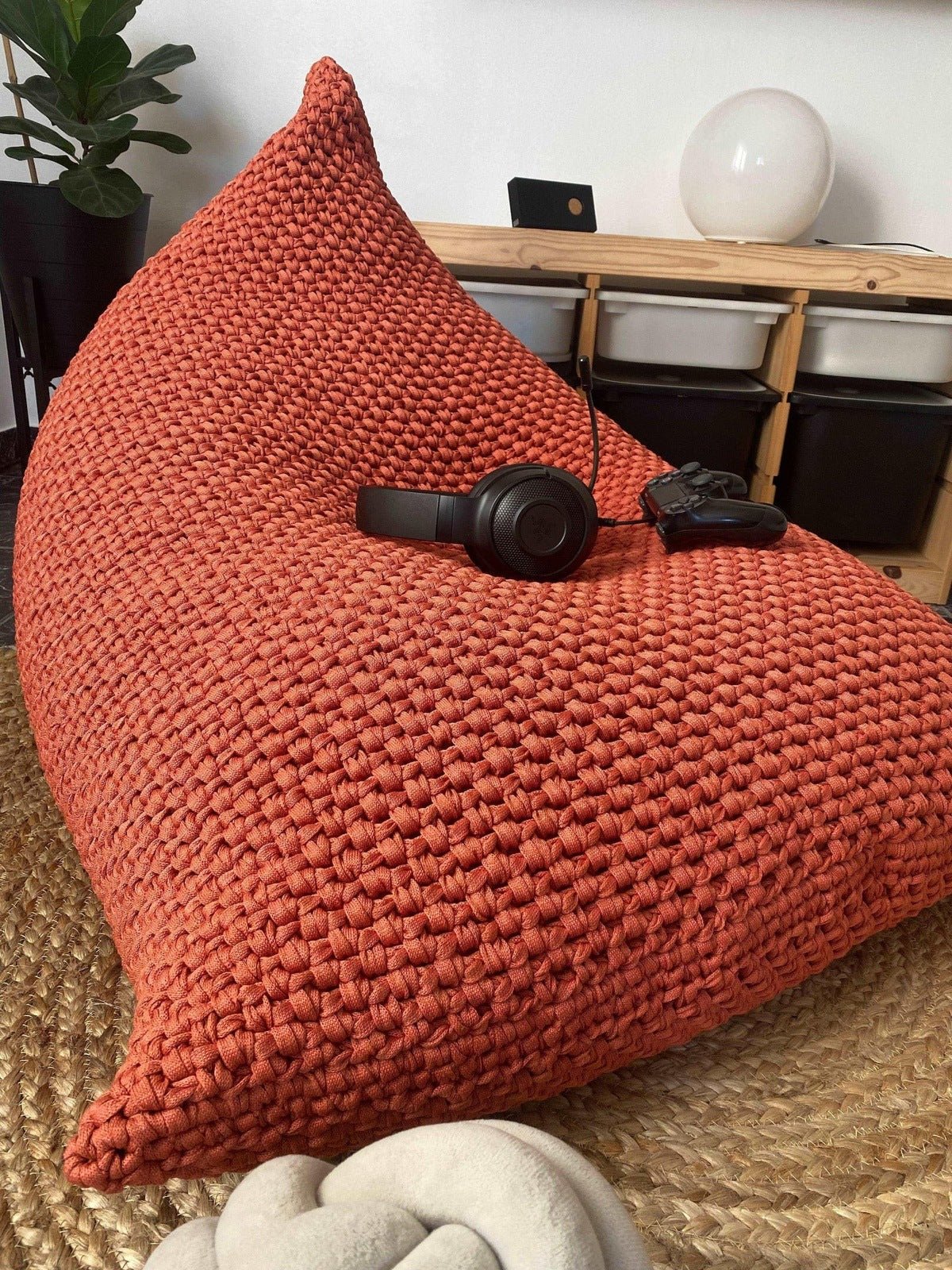 Pearl White Knitted Bean Bag Chair, Kidsroom Floor Sitting - Looping Home