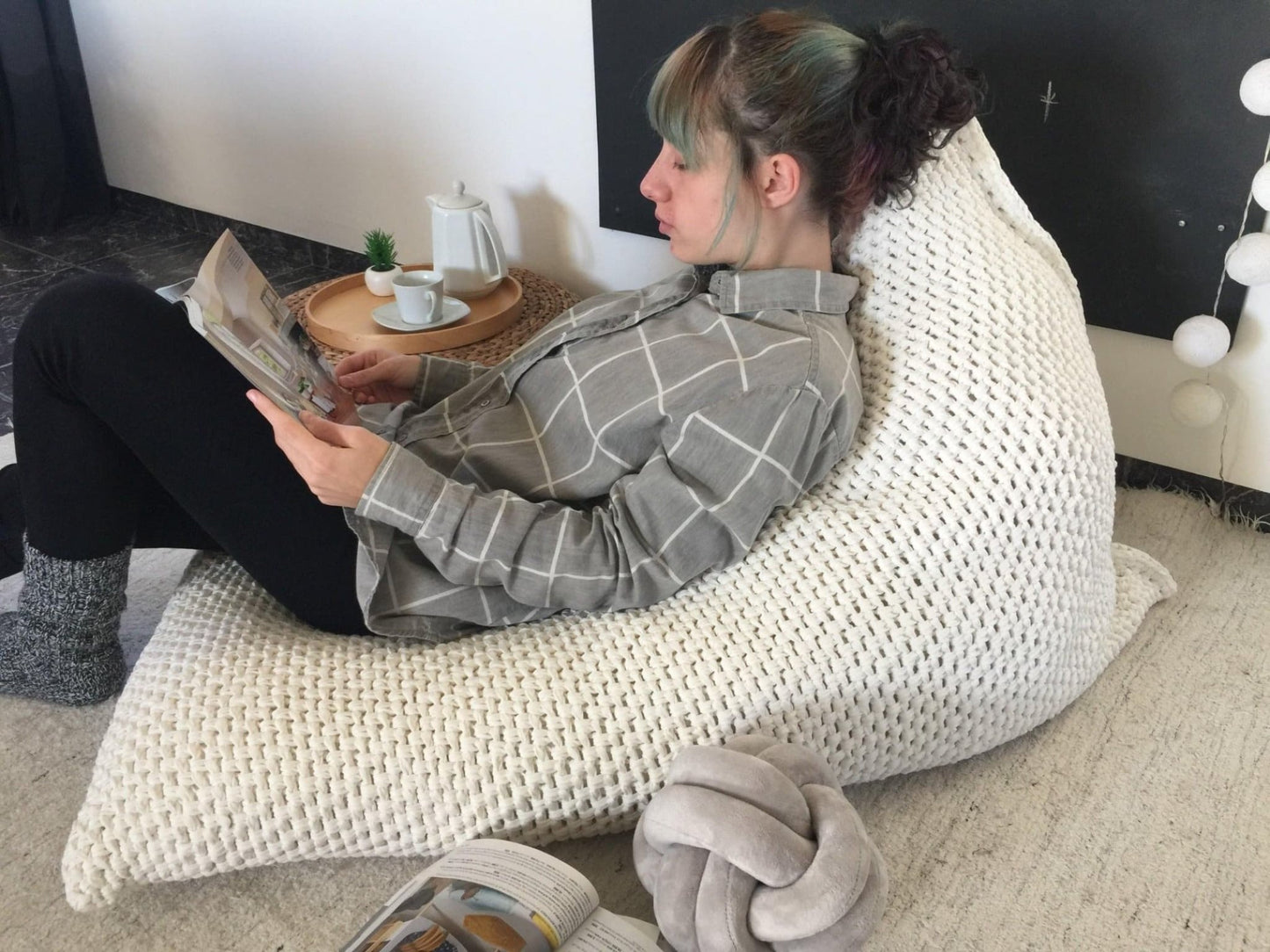Pearl White Knitted Bean Bag Chair, Kidsroom Floor Sitting - Looping Home