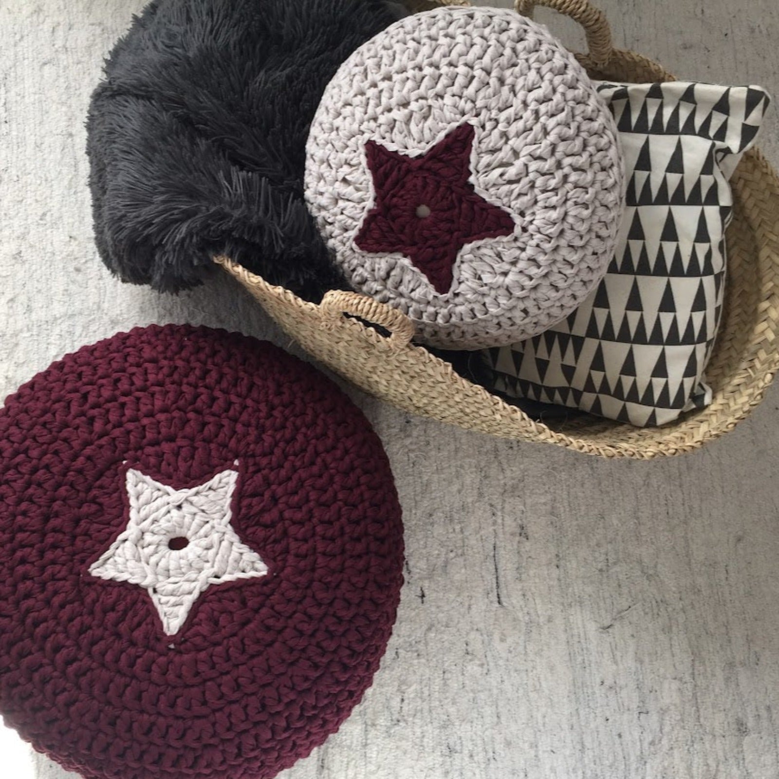 Round Crochet Pillow | Light Beige and burgundy Star Design - Looping Home