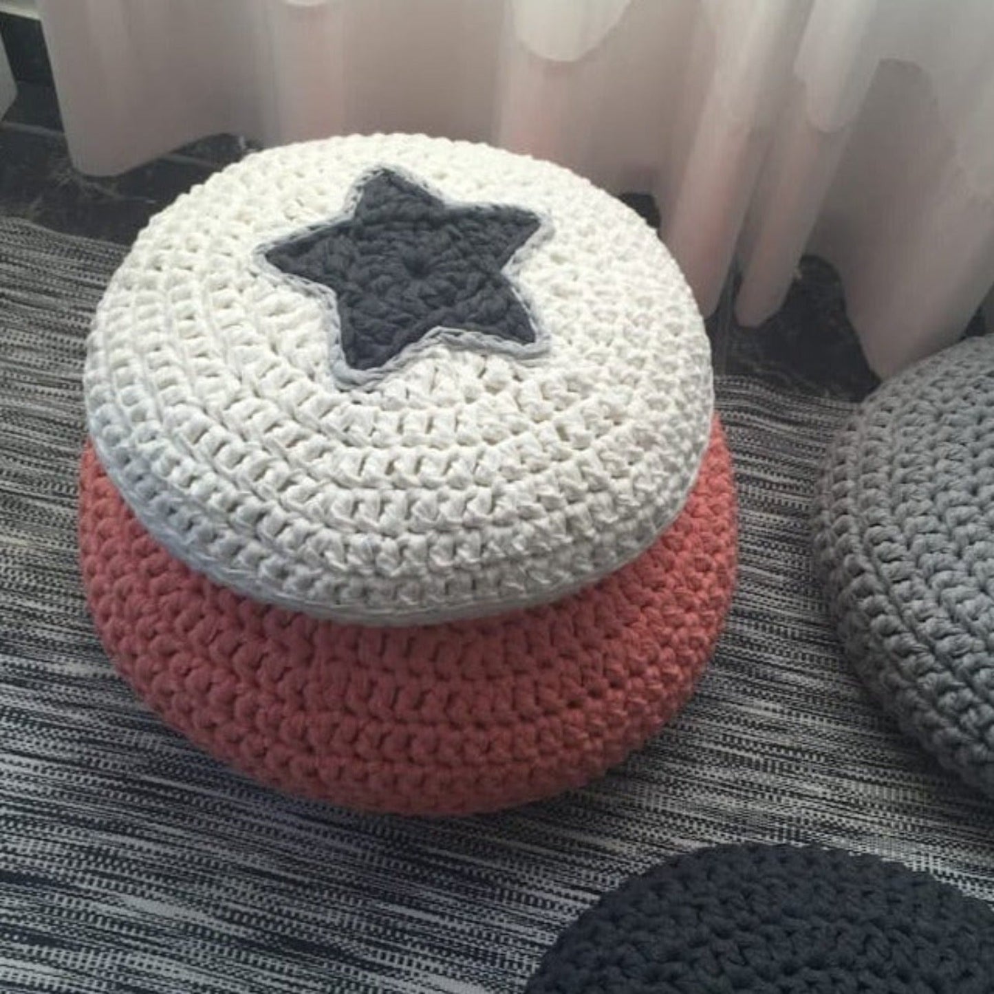 Round Crochet Pillow | Light Beige and burgundy Star Design - Looping Home