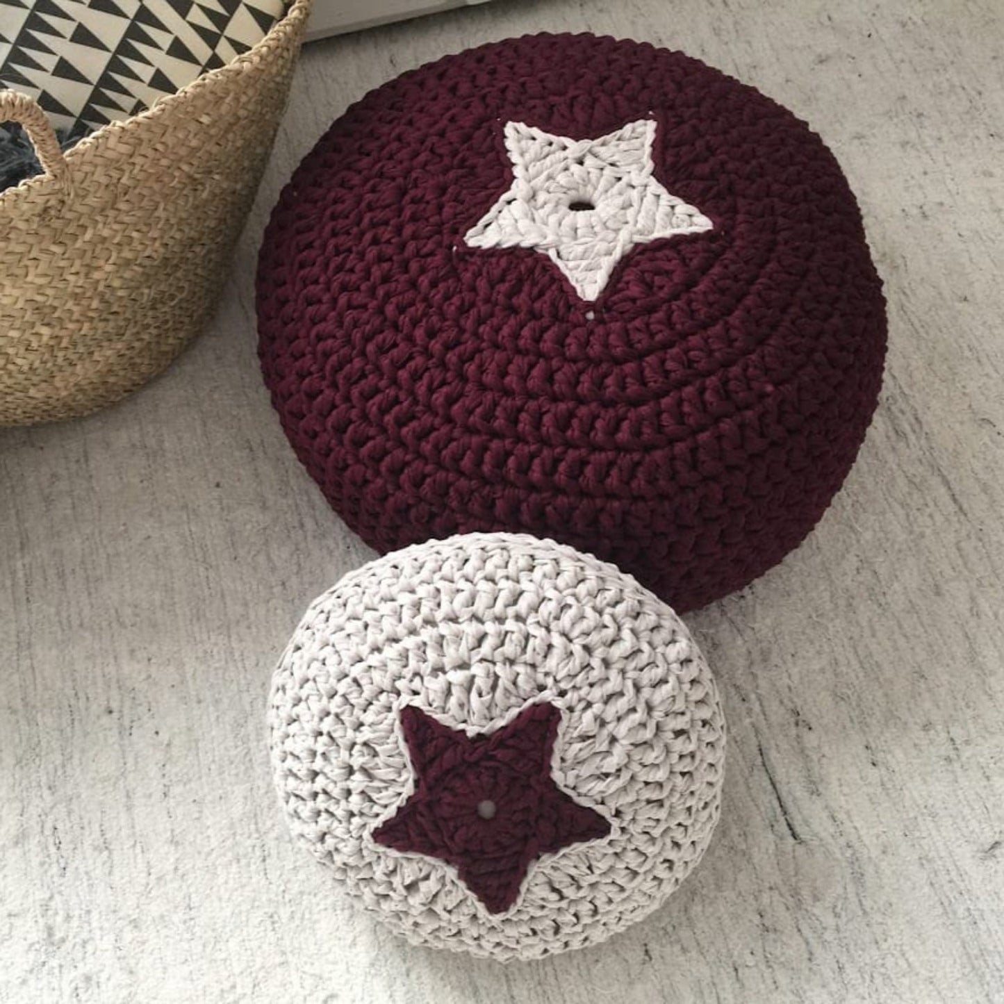 Round Crochet Pillow | Pearl White and Charcoal Star Design - Looping Home