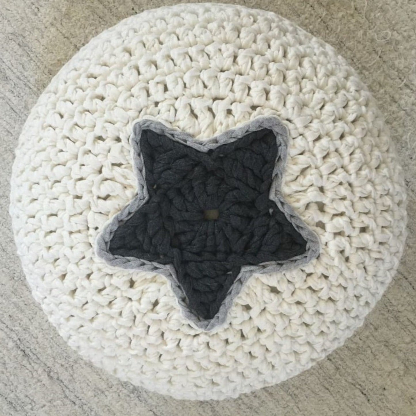 Round Crochet Pillow | Pearl White and Charcoal Star Design - Looping Home