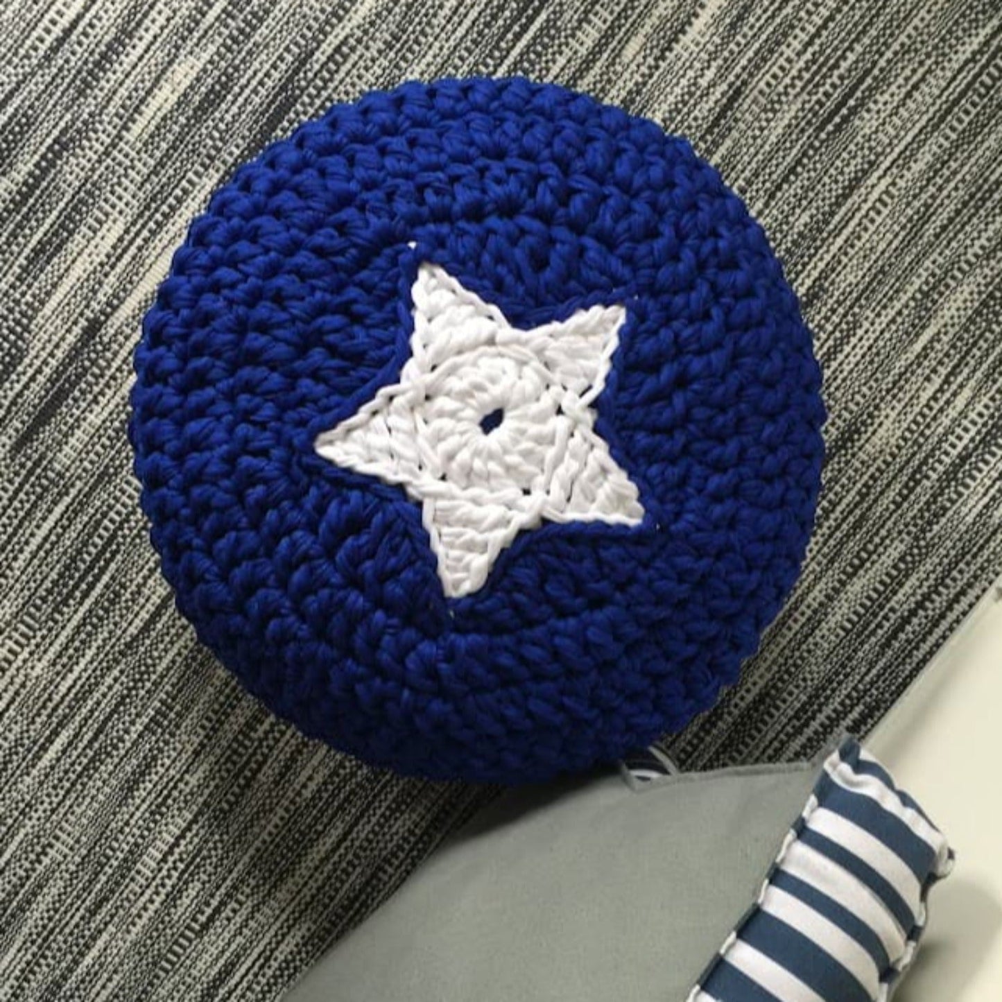 Round Crochet Pillow | Royal Blue with White Star Design - Looping Home