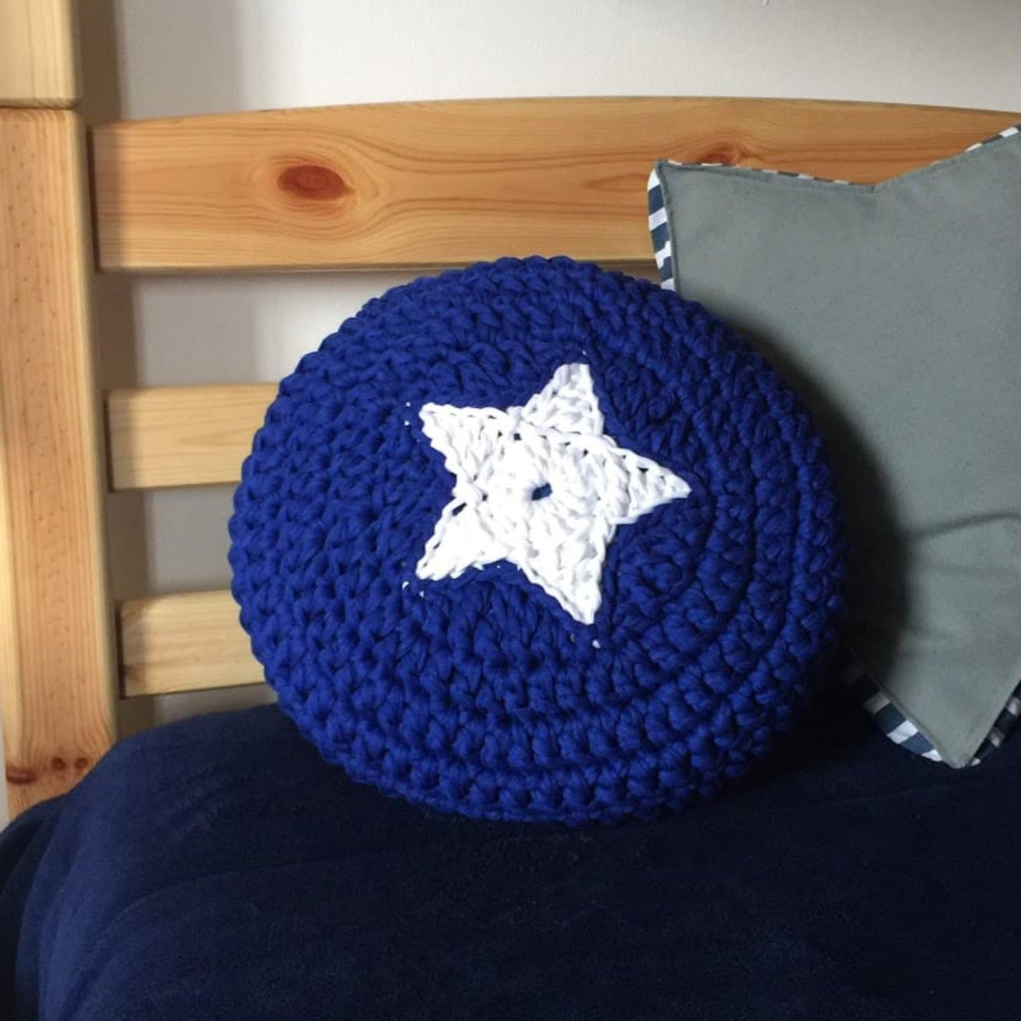 Round Crochet Pillow | Royal Blue with White Star Design - Looping Home