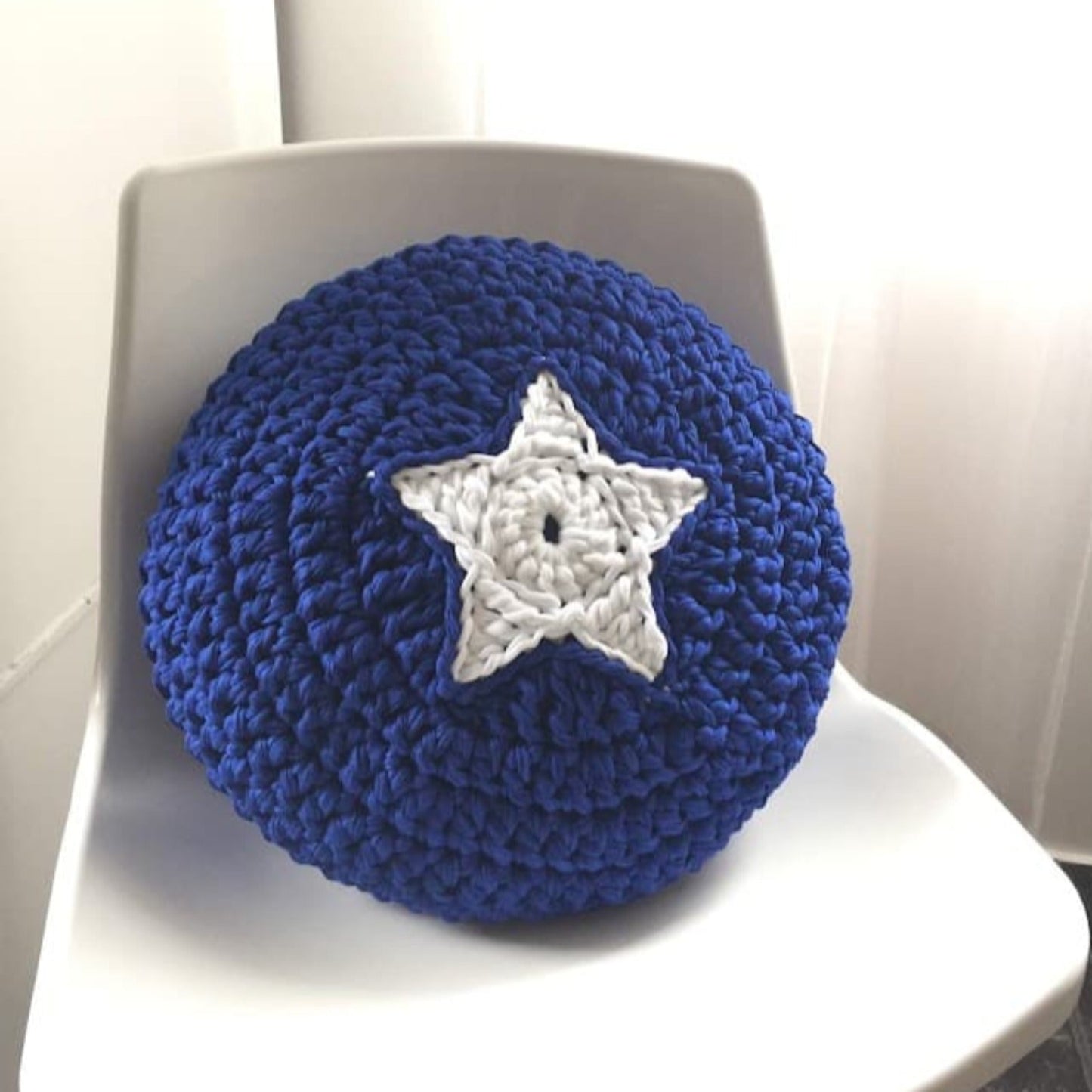 Round Crochet Pillow | Royal Blue with White Star Design - Looping Home