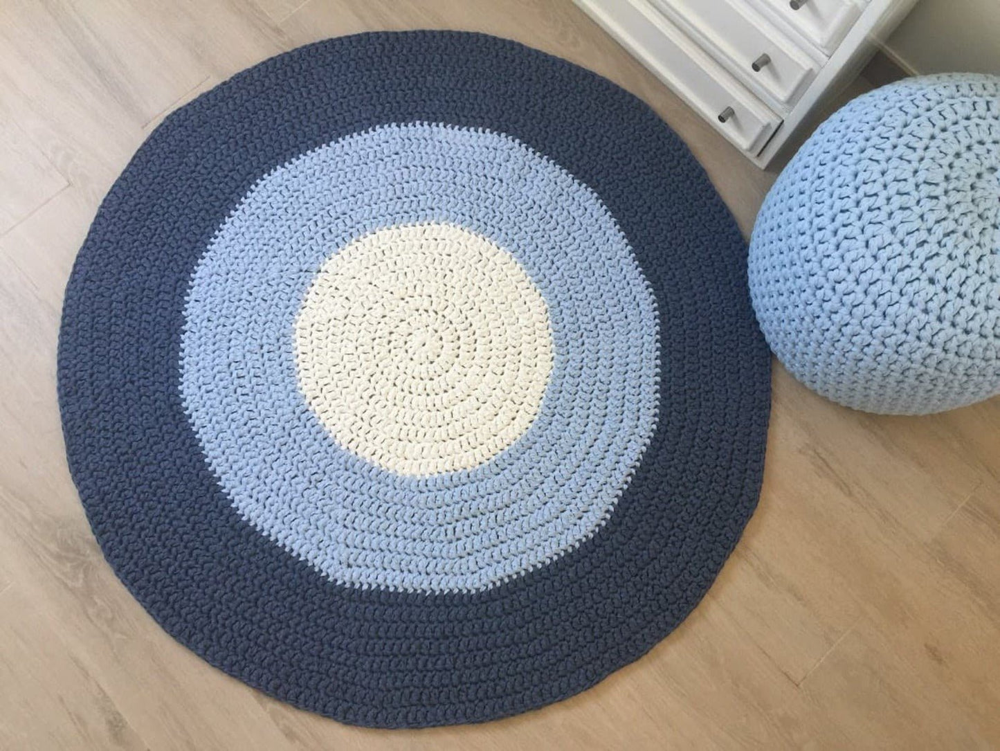Round Crochet Rug | Blue Striped Playmat - Looping Home
