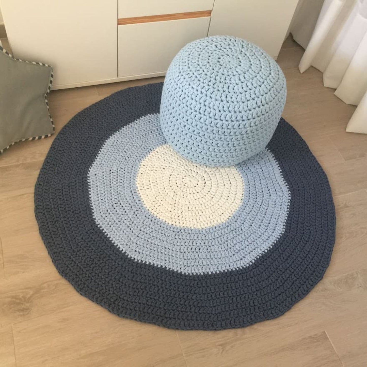 Round Crochet Rug | Blue Striped Playmat - Looping Home