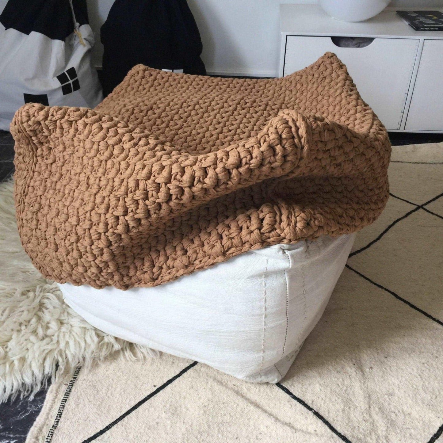 Square Ottoman SlipCover, Custom Crochet Pouffe Stool Cover - Looping Home
