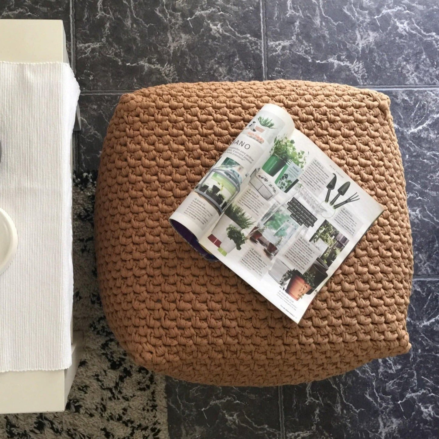 Square Ottoman SlipCover, Custom Crochet Pouffe Stool Cover - Looping Home