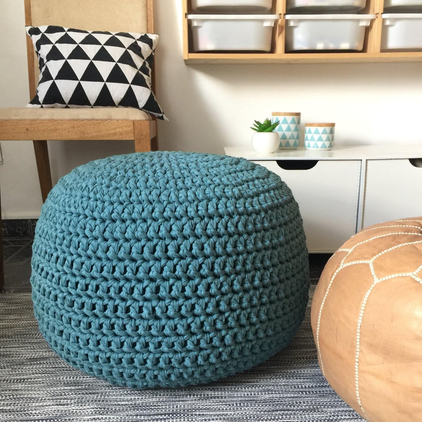 Teal Blue Round Pouffe Ottoman, Chunky Knitted Pouffe - Looping Home