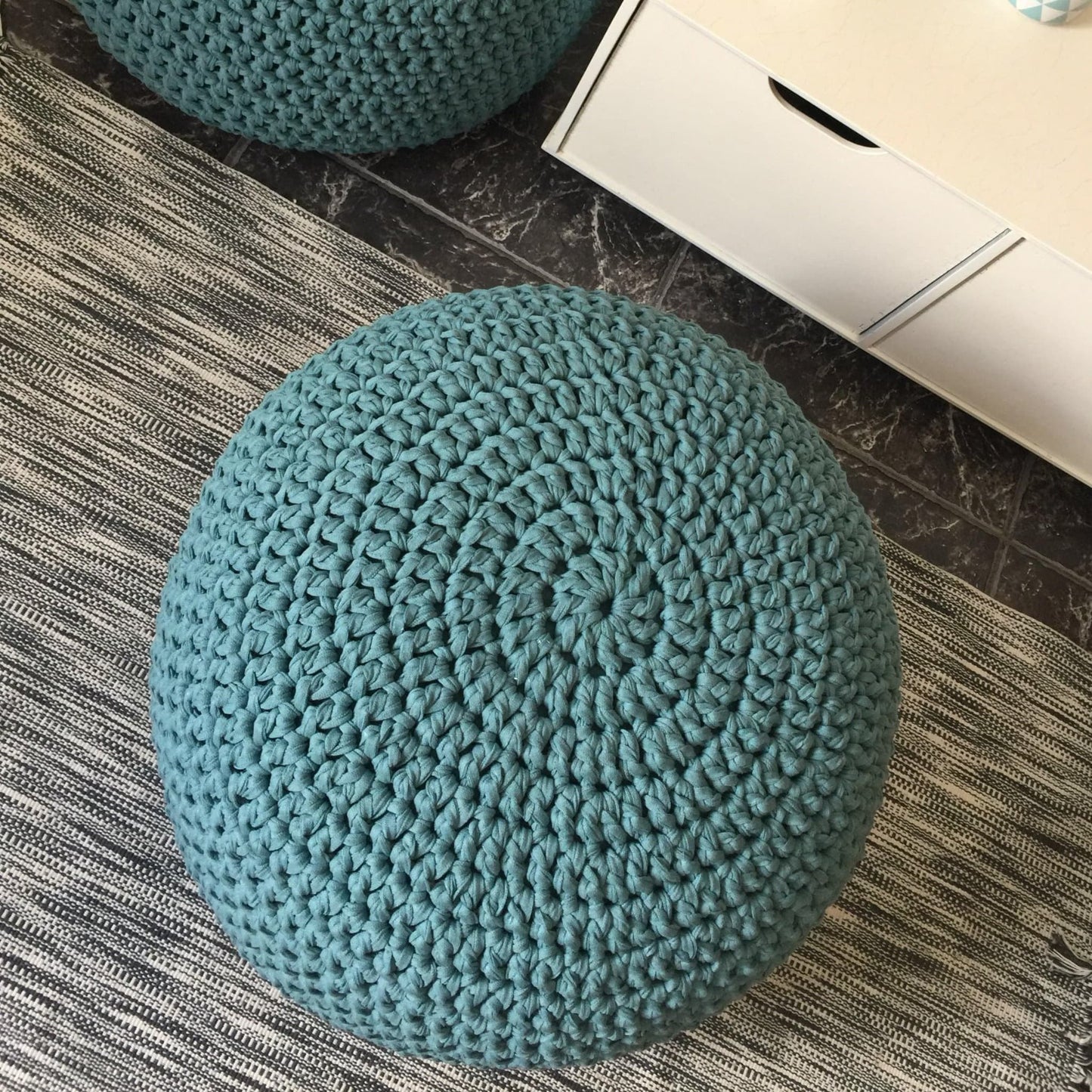 Teal Blue Round Pouffe Ottoman, Chunky Knitted Pouffe - Looping Home