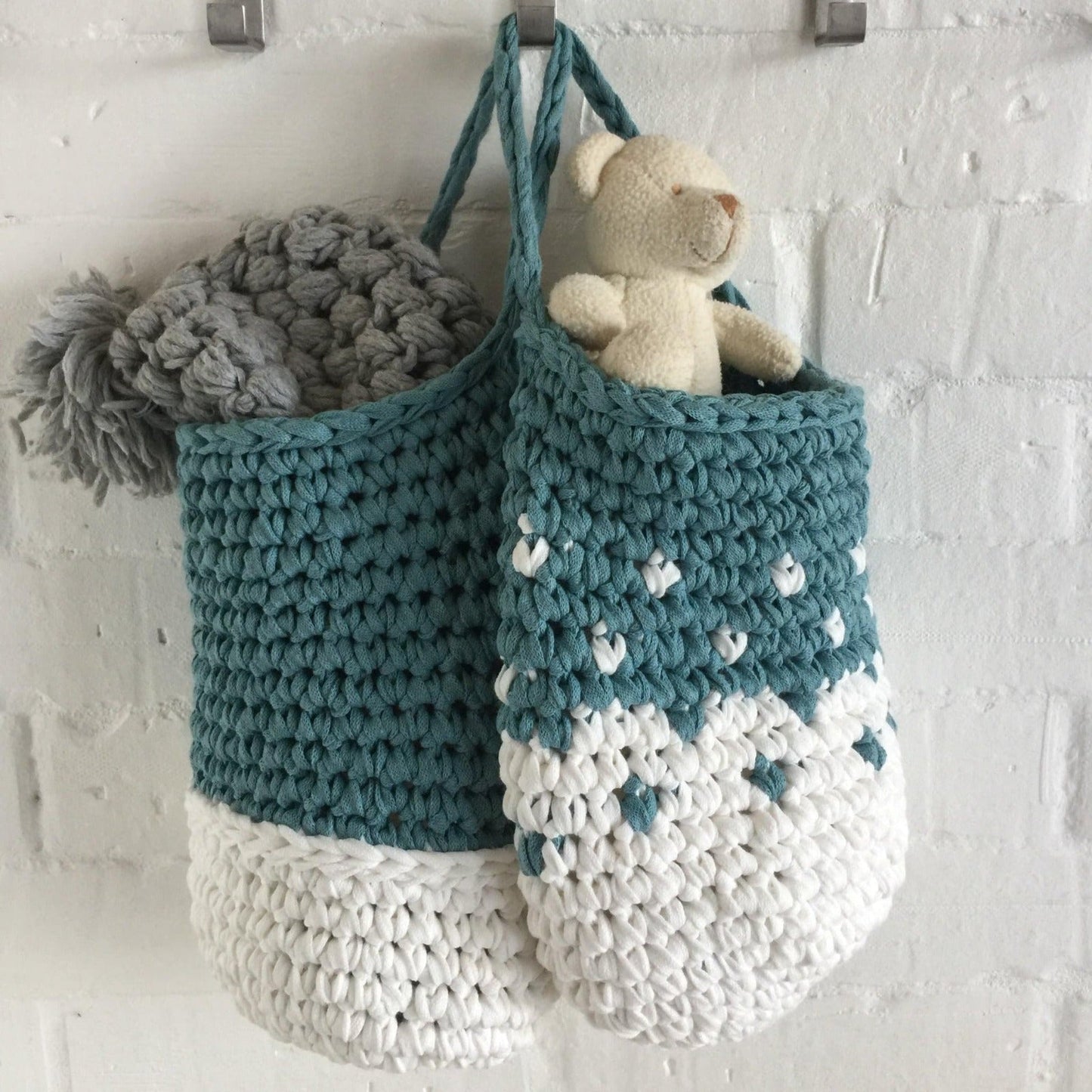 Teal Wall Hanging Basket Set, Knitted Storage Bags - Looping Home