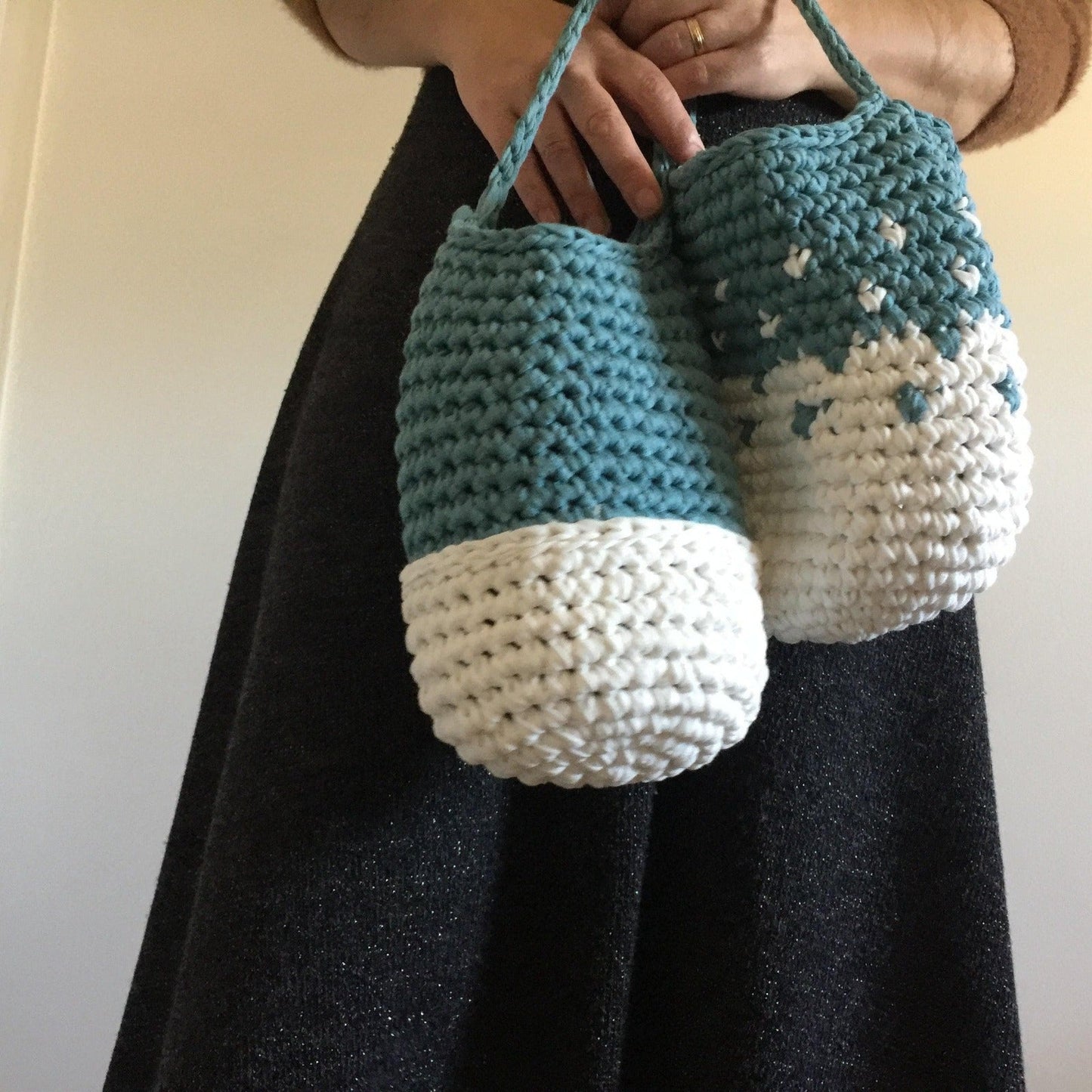 Teal Wall Hanging Basket Set, Knitted Storage Bags - Looping Home