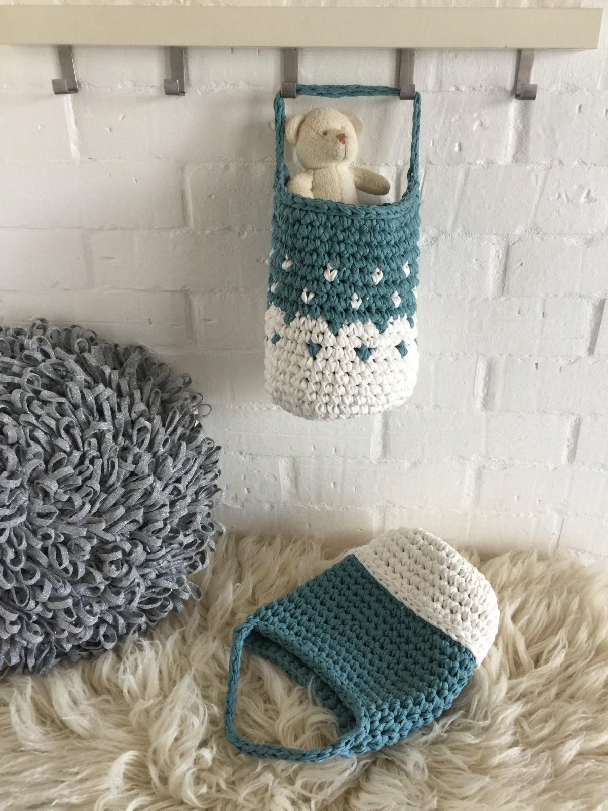 Teal Wall Hanging Basket Set, Knitted Storage Bags - Looping Home