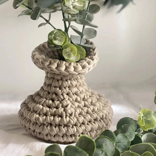 Unique Crochet Vase, Beige Rustic Jar - Looping Home