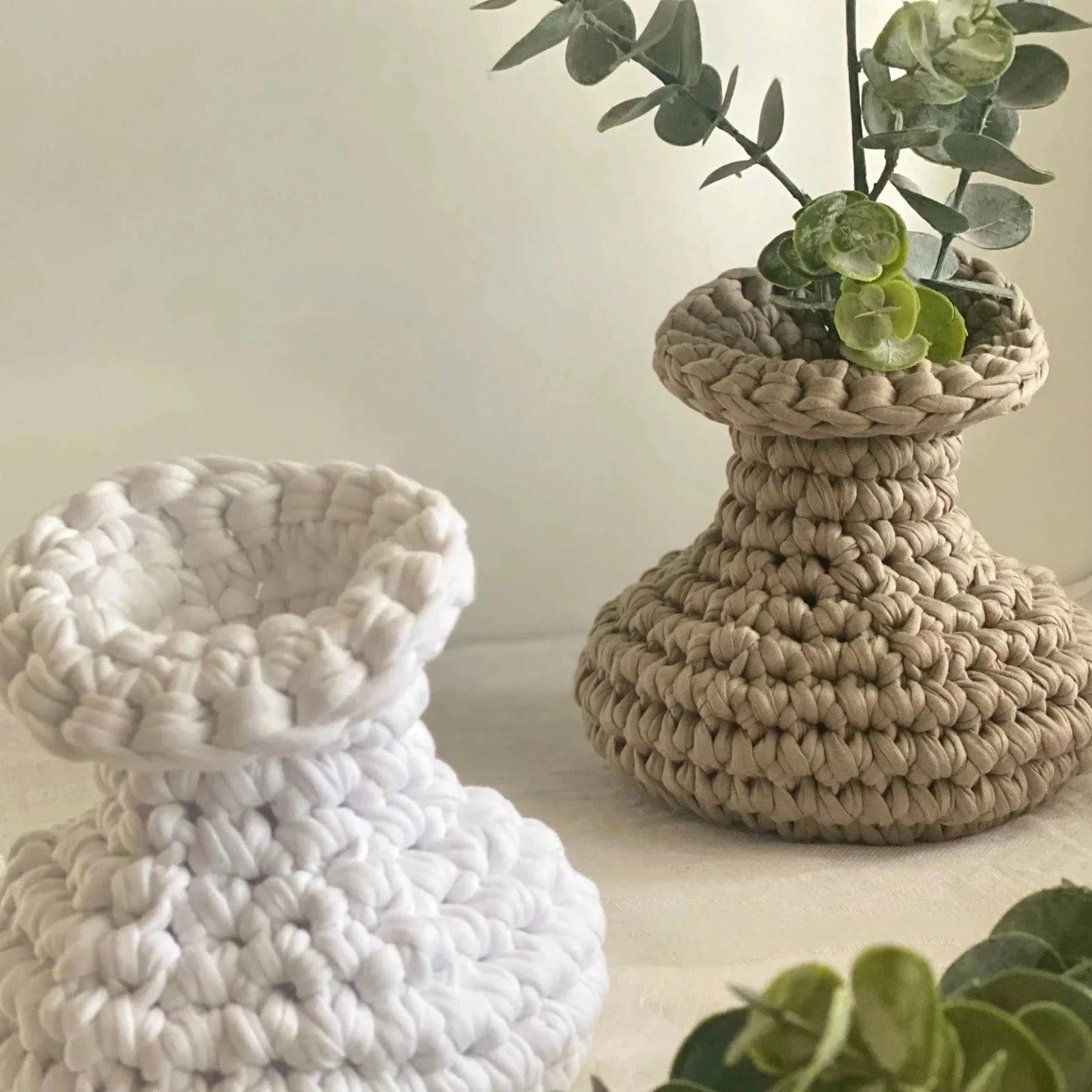 Unique Crochet Vase, Beige Rustic Jar - Looping Home