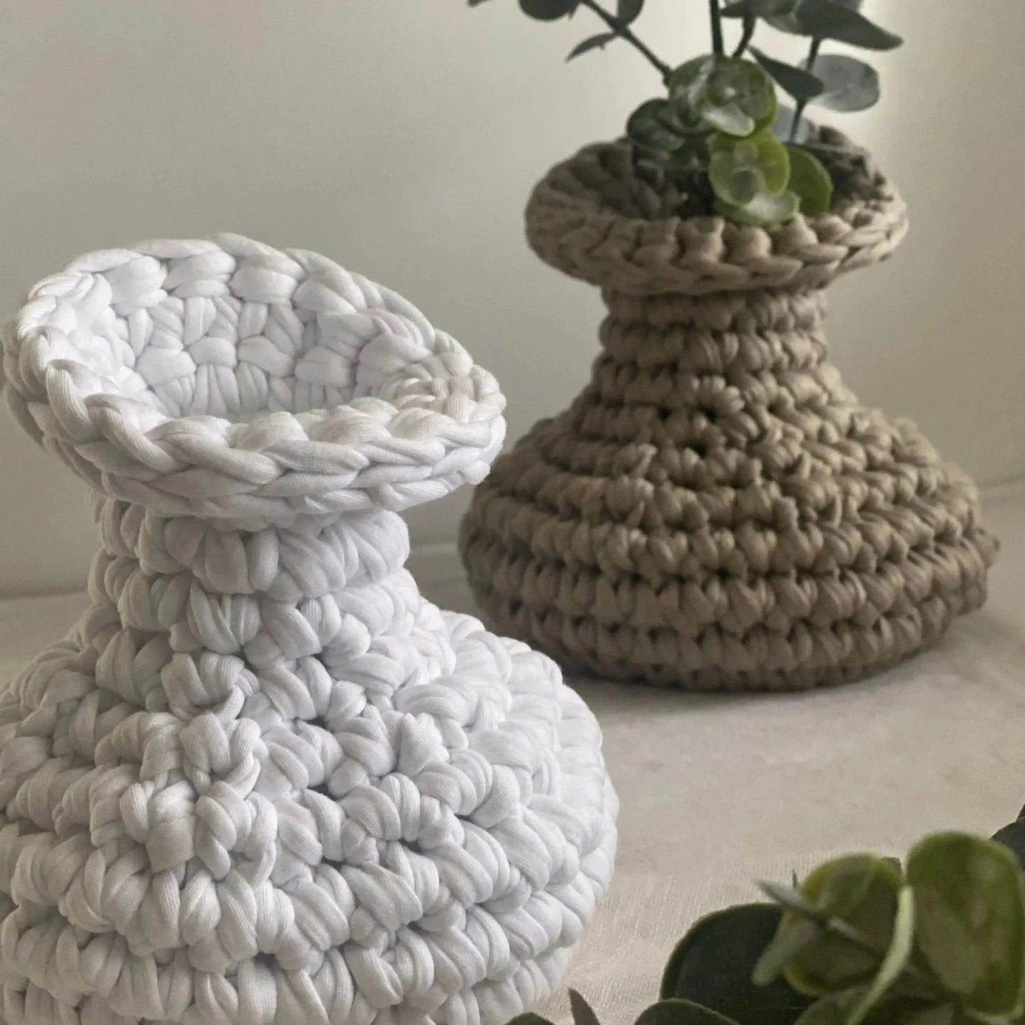Unique Crochet Vase, Beige Rustic Jar - Looping Home