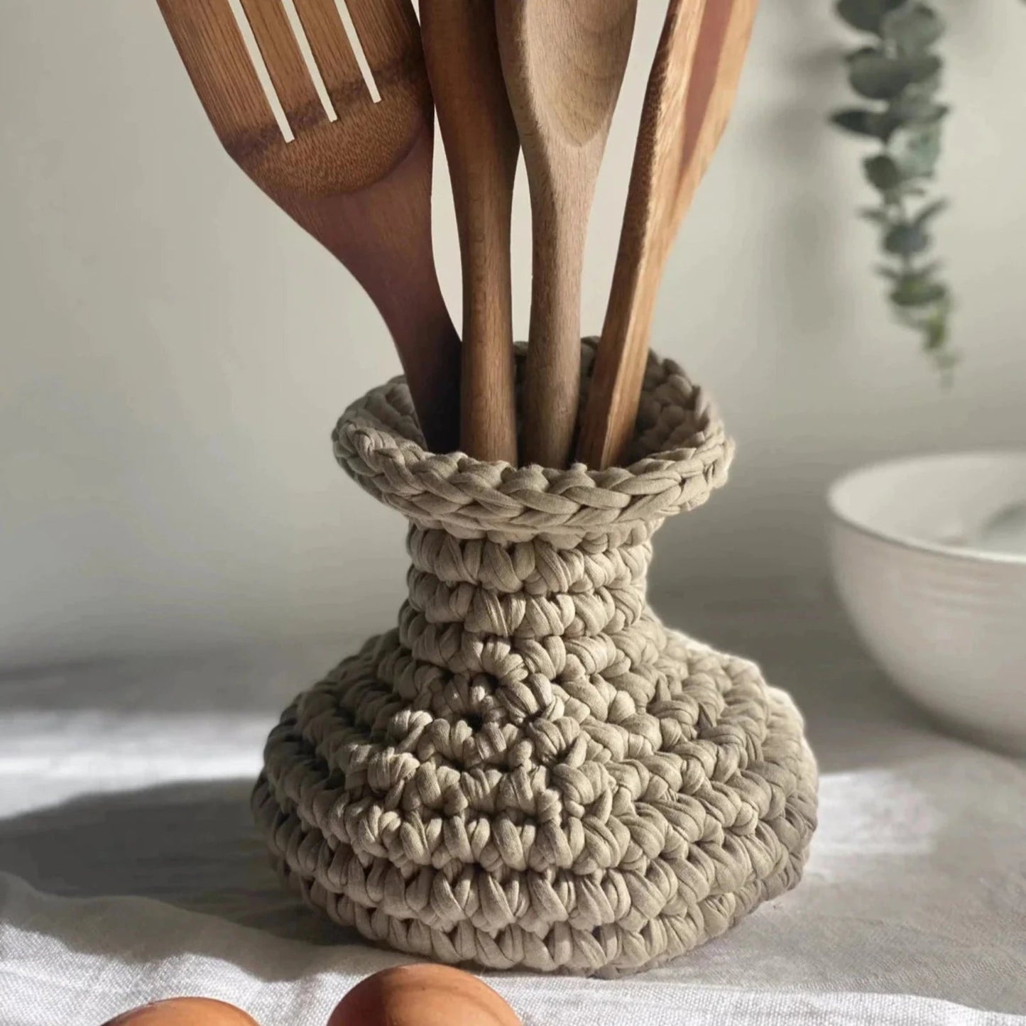 Unique Crochet Vase, Beige Rustic Jar - Looping Home