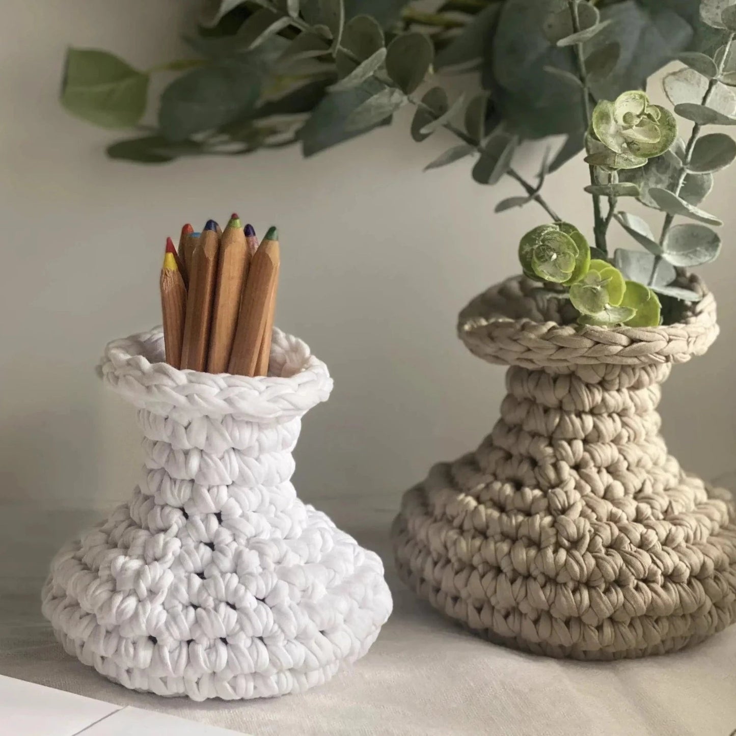 Unique Crochet Vase, Beige Rustic Jar - Looping Home