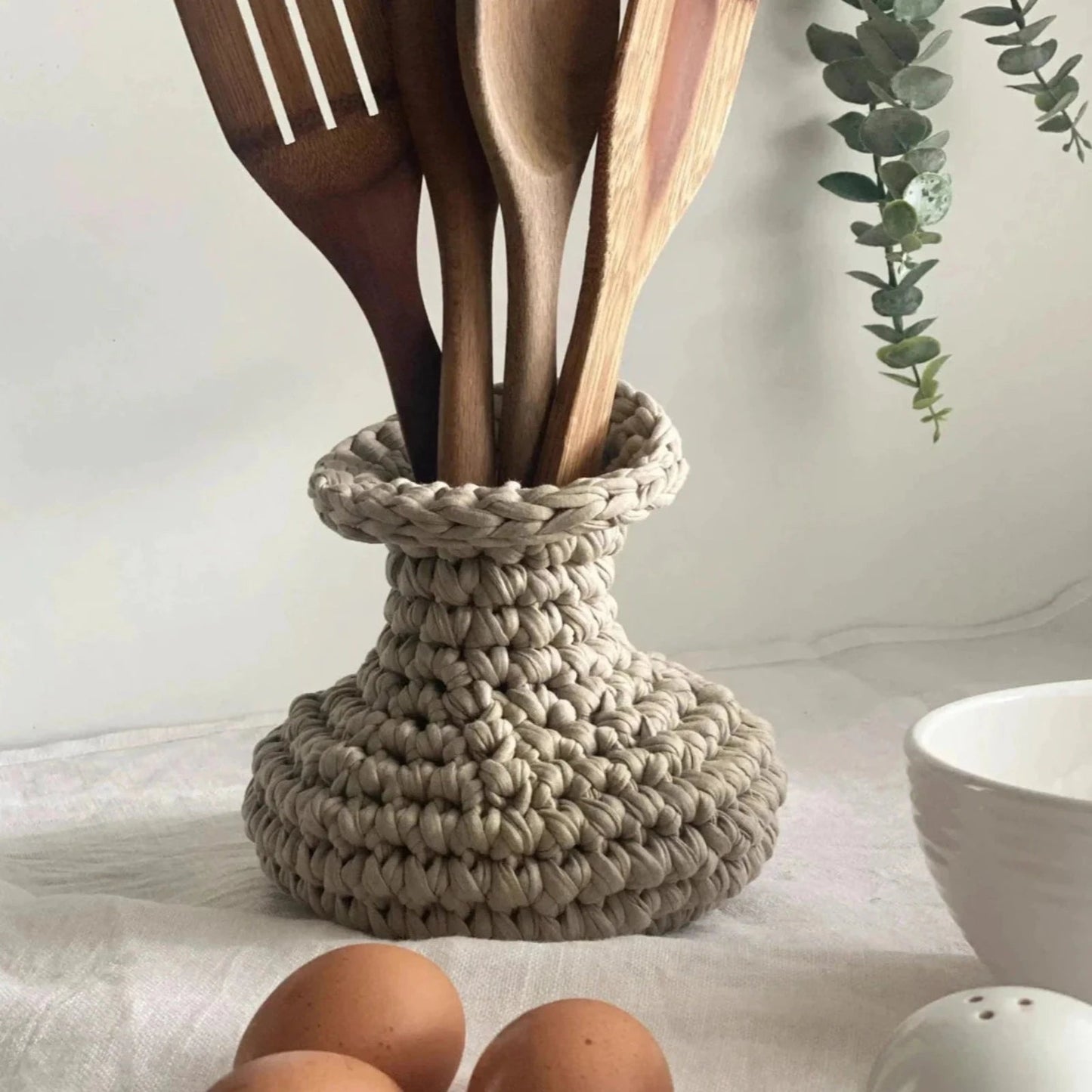 Unique Crochet Vase, Beige Rustic Jar - Looping Home