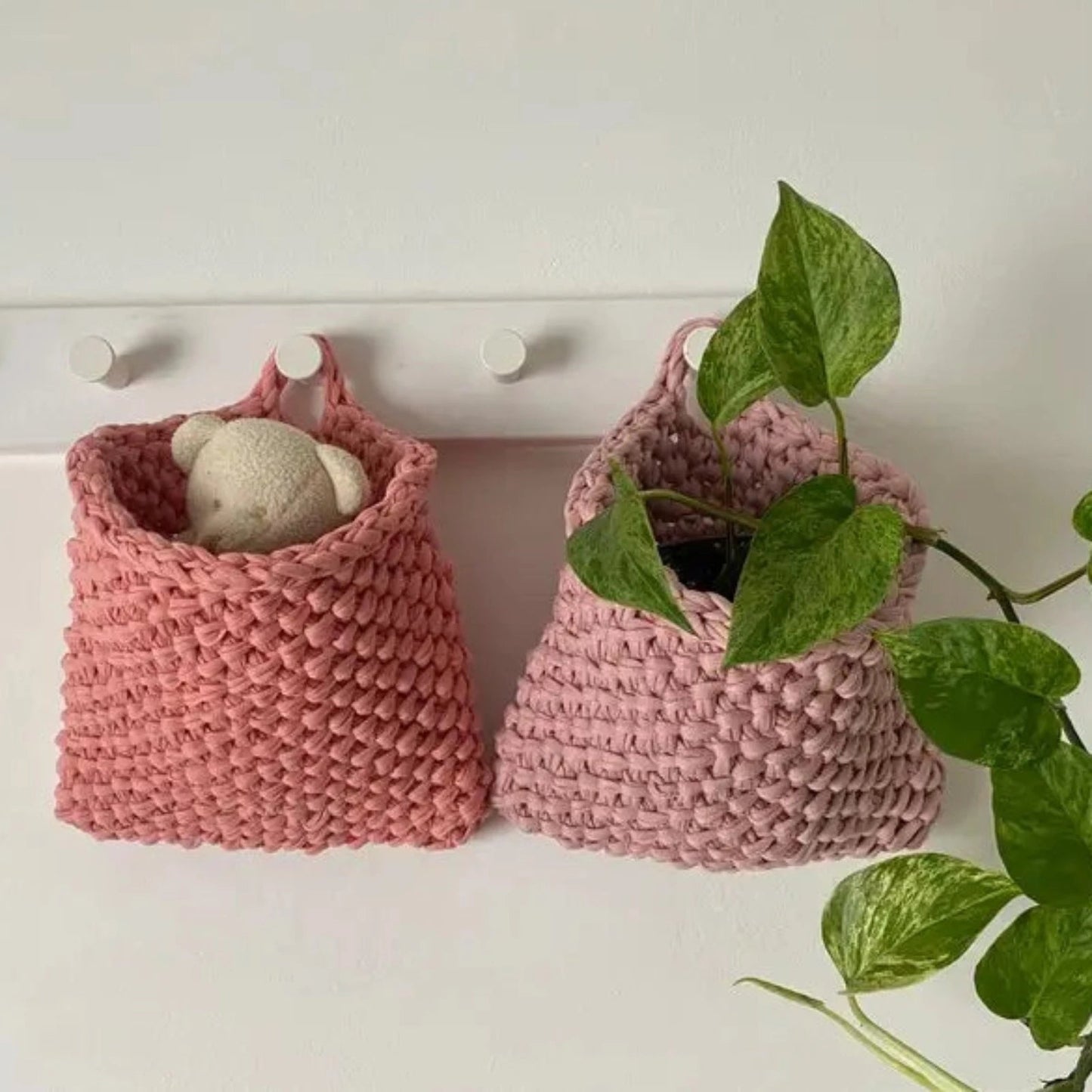 Wall Hanging Baskets | Pastel Pink Knitted Pocket - Looping Home
