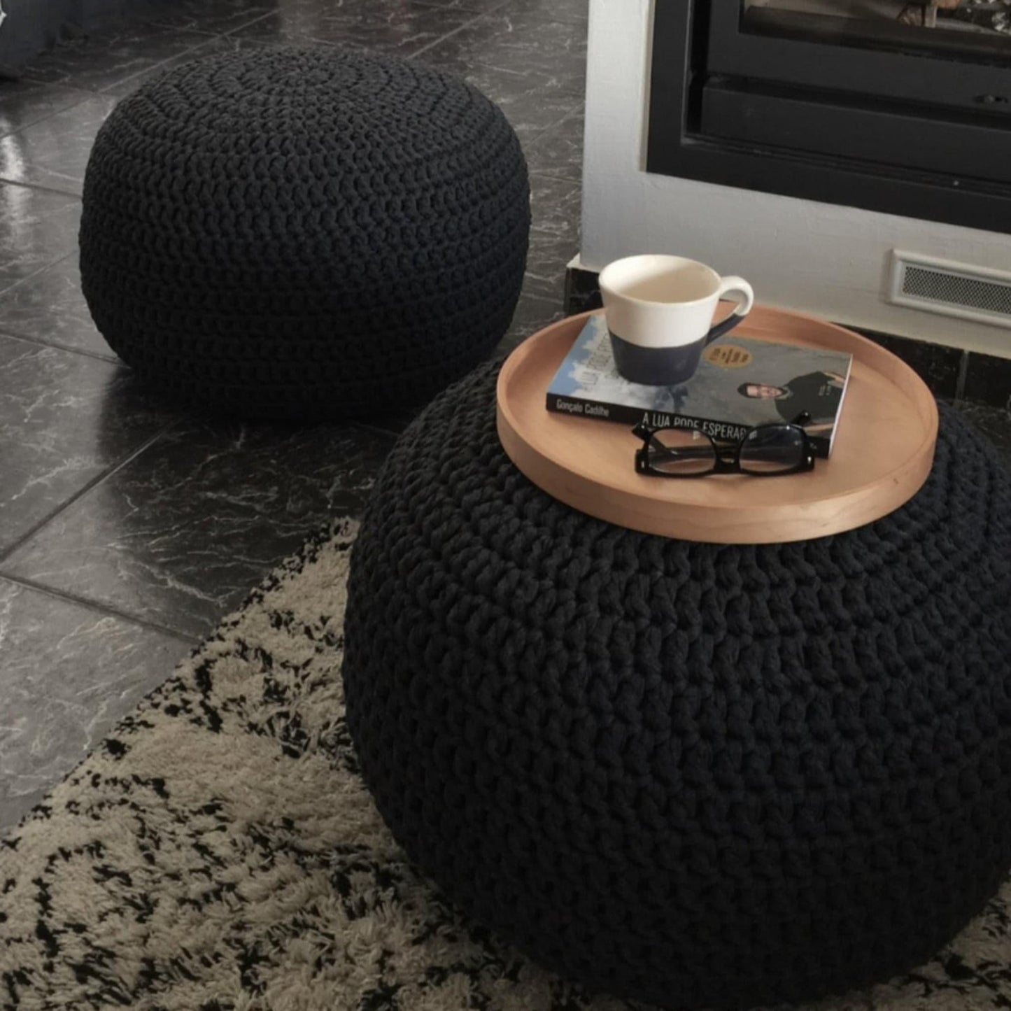 Charcoal Round Pouffe Ottoman - Crochet Footstool