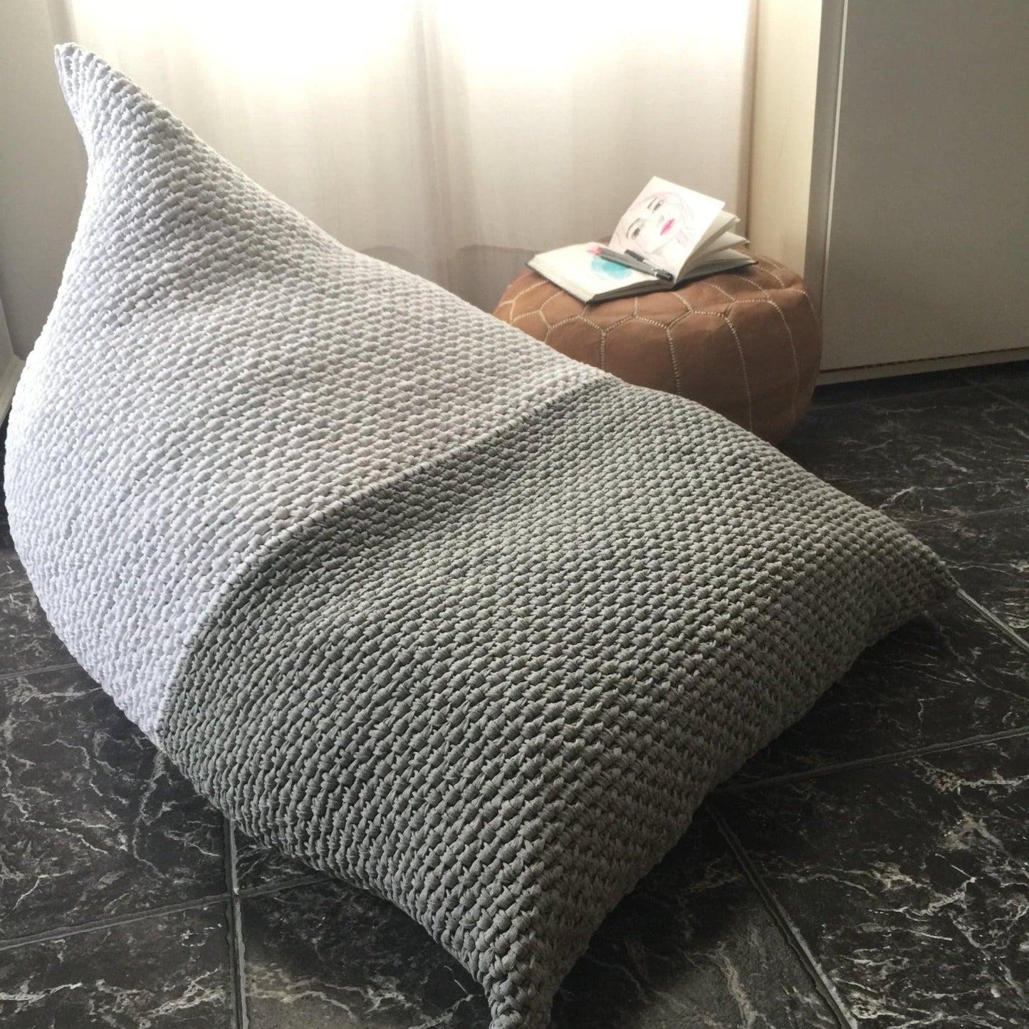 Knitted Bean Bag Chair | Pearl and Dark Denim - Looping Home