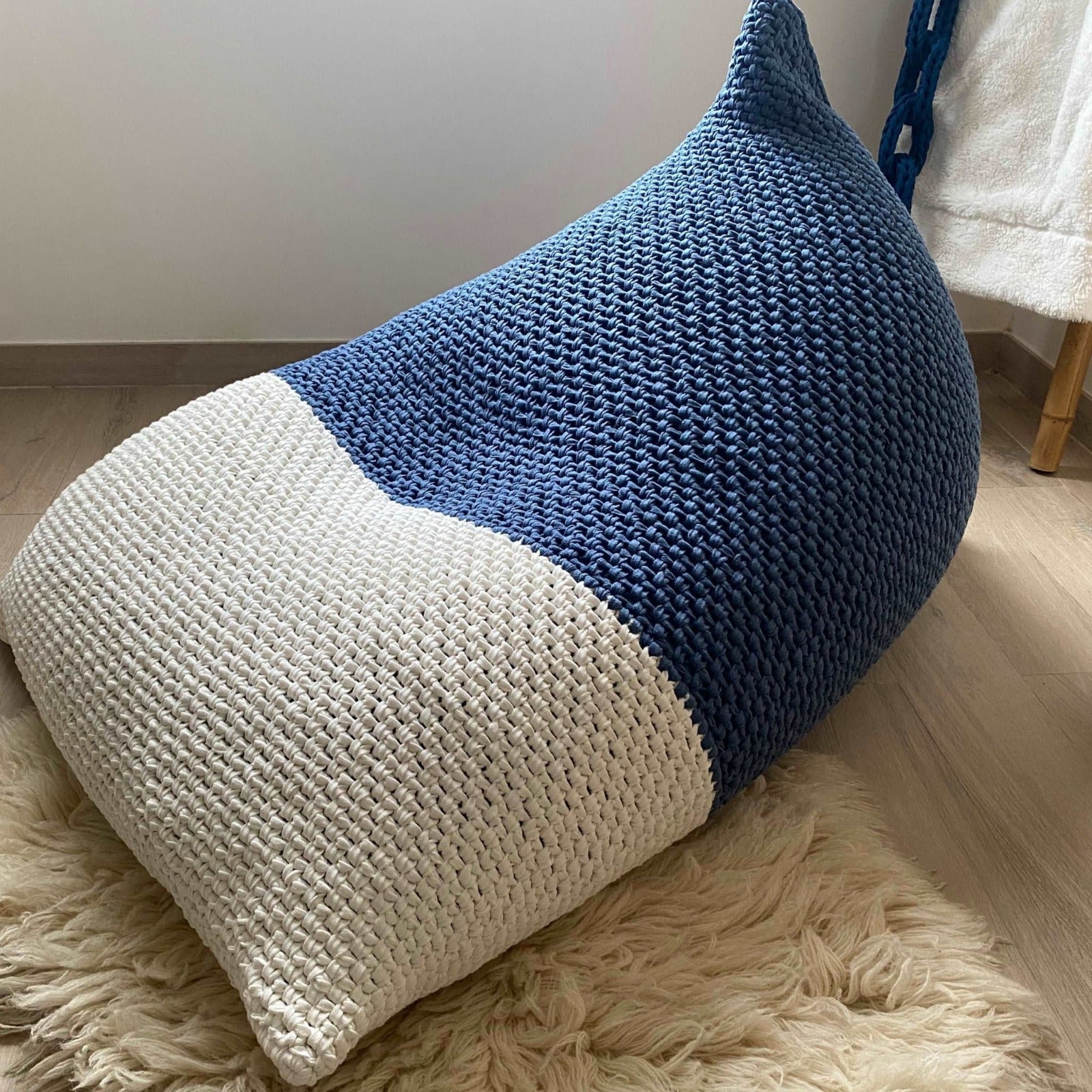 Knitted Bean Bag Chair | Pearl and Dark Denim - Looping Home