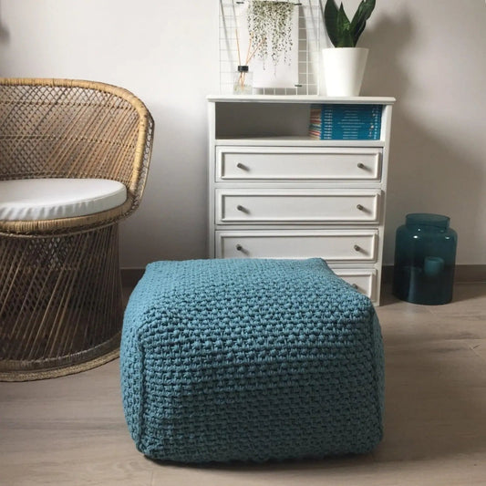 Knitted Square Pouf Covers | Teal Blue | More Colors - Looping Home