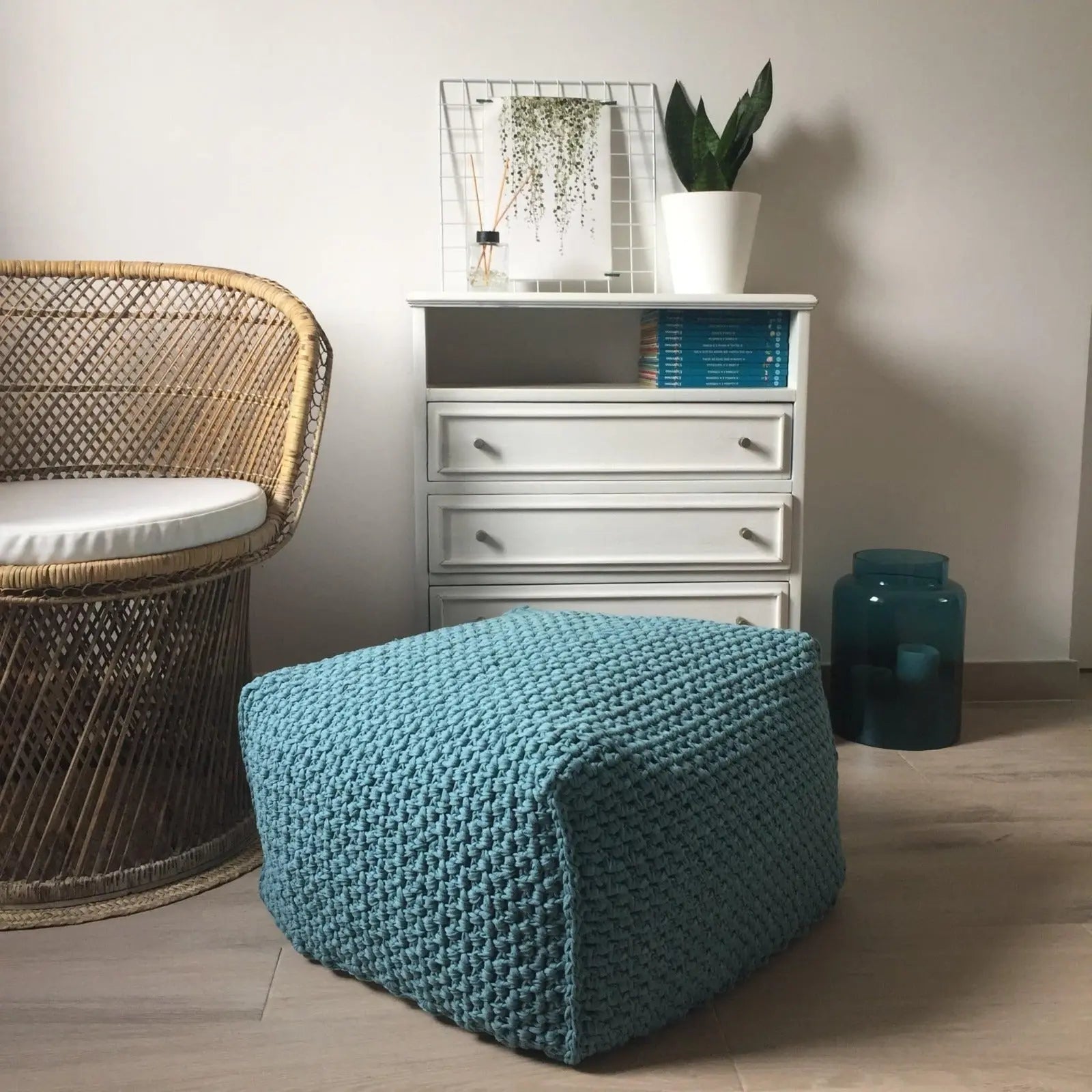 Knitted Square Pouf Covers | Teal Blue | More Colors - Looping Home