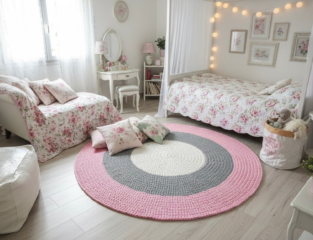 Crochet Round Rug | Pink Striped Playmat - Looping Home
