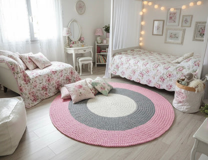 Crochet Round Rug | Pink Striped Playmat - Looping Home