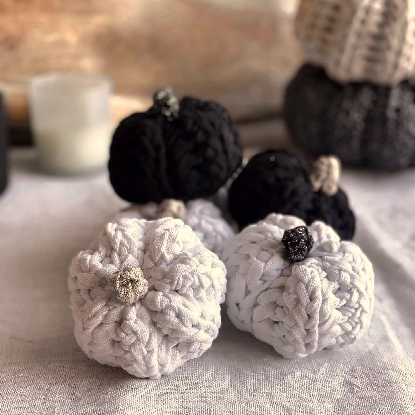 Mini Knitted Pumpinks - Black and White with Sparkling Stems - Looping Home