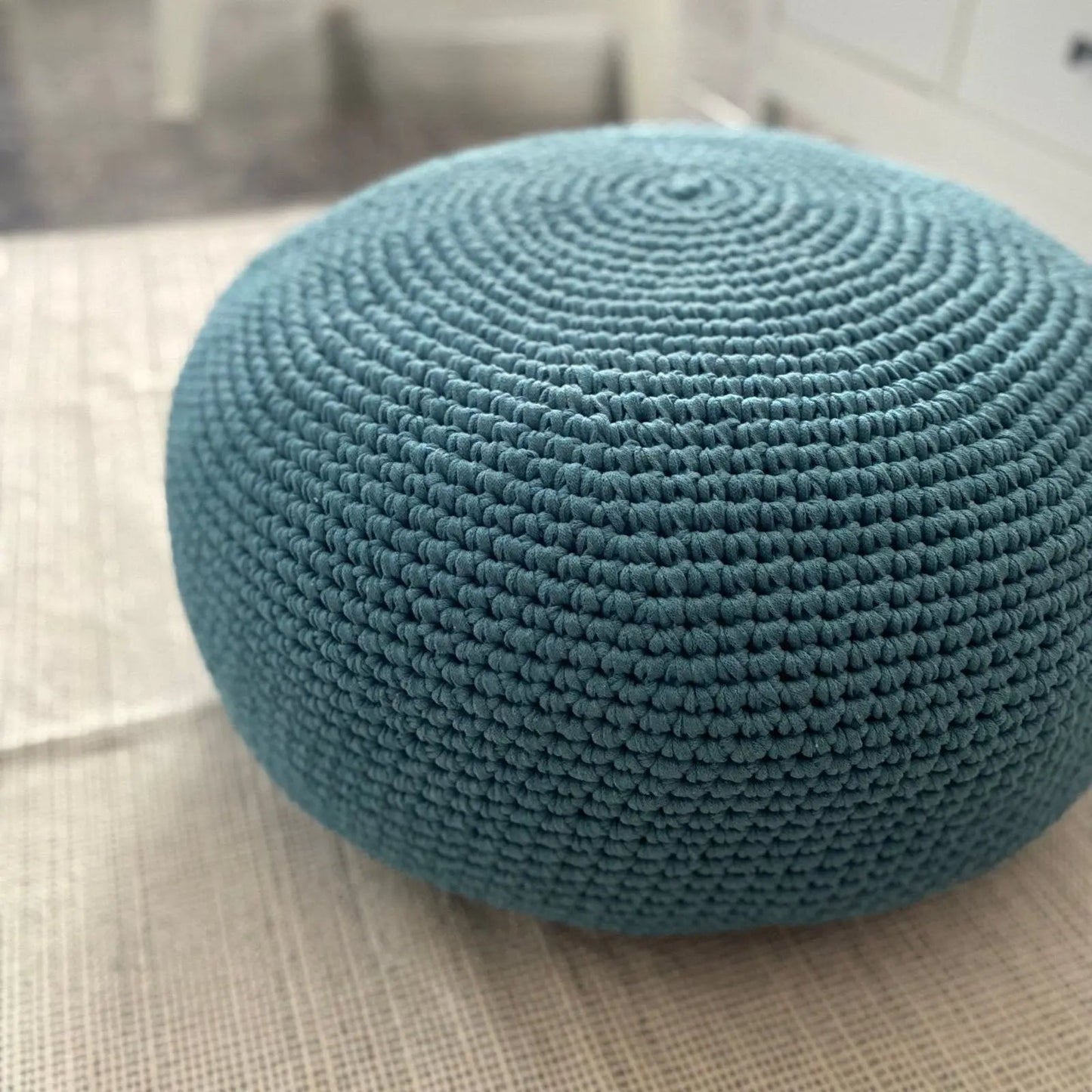 Modern Ottoman Slipcovers, Round Crochet Pouf Covers - Teal Blue - Looping Home