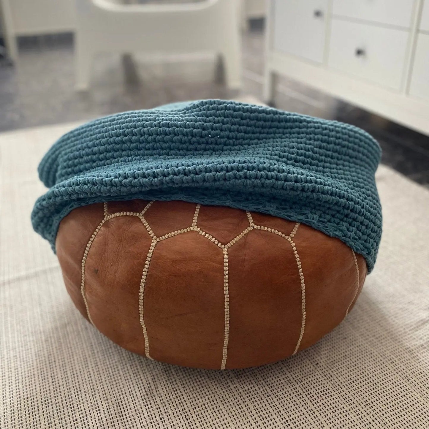 Modern Ottoman Slipcovers, Round Crochet Pouf Covers - Teal Blue - Looping Home