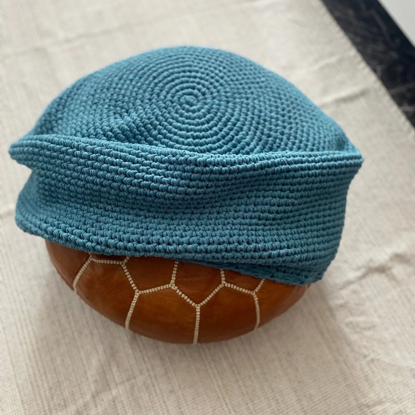 Modern Ottoman Slipcovers, Round Crochet Pouf Covers - Teal Blue - Looping Home