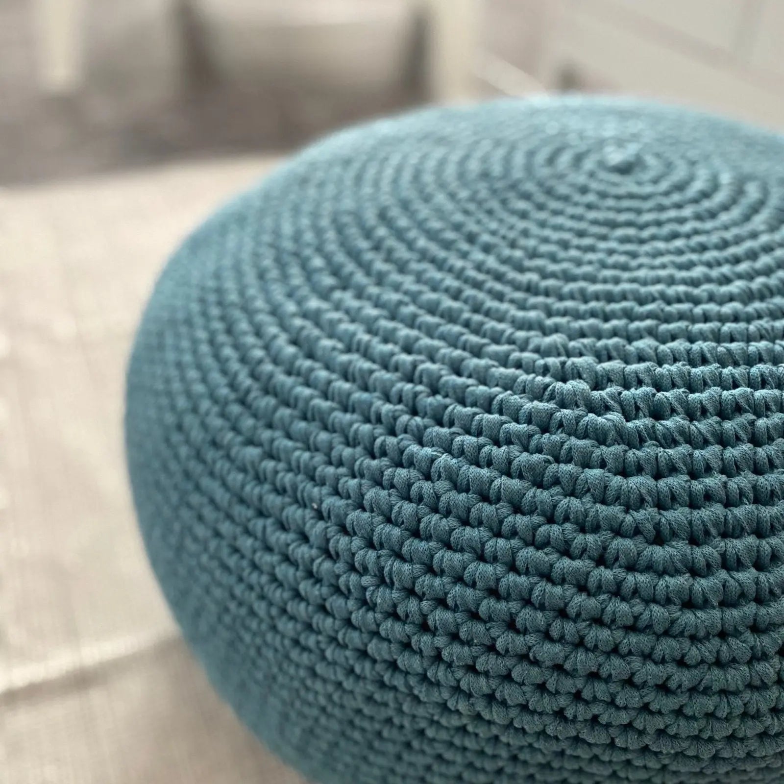 Modern Ottoman Slipcovers, Round Crochet Pouf Covers - Teal Blue - Looping Home