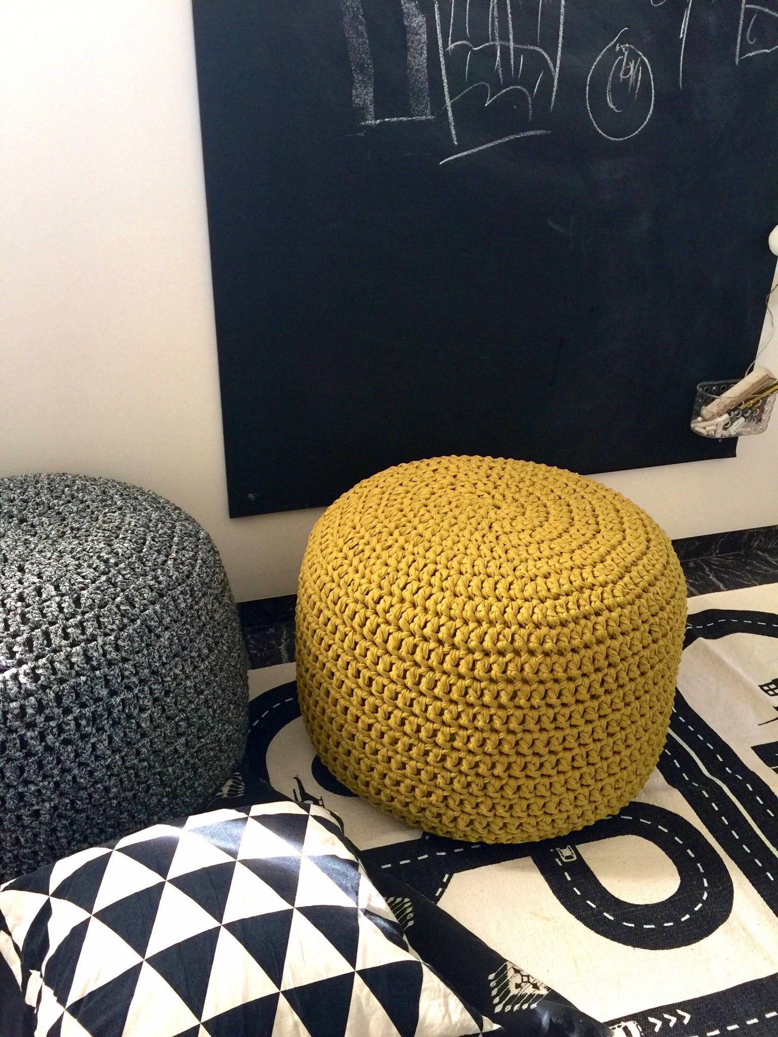 Round Knitted Pouffe Ottoman - Chartreuse - Looping Home