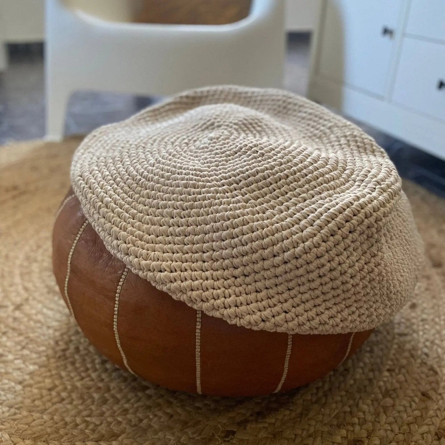 Round Ottoman Slipcovers, Neutral Beige Crochet Cover - Looping Home