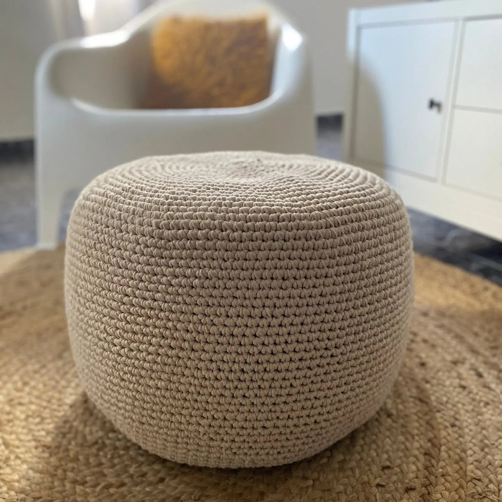 Round Ottoman Slipcovers, Neutral Beige Crochet Cover - Looping Home