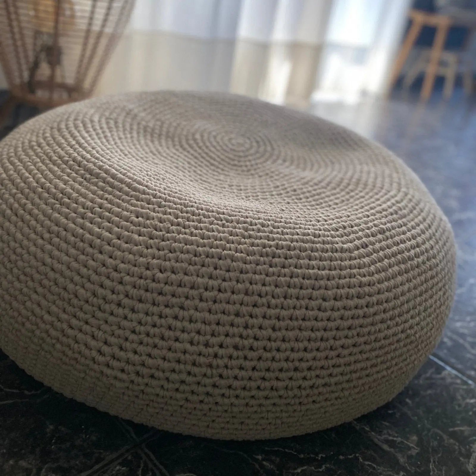 Round Ottoman Slipcovers, Neutral Beige Crochet Cover - Looping Home