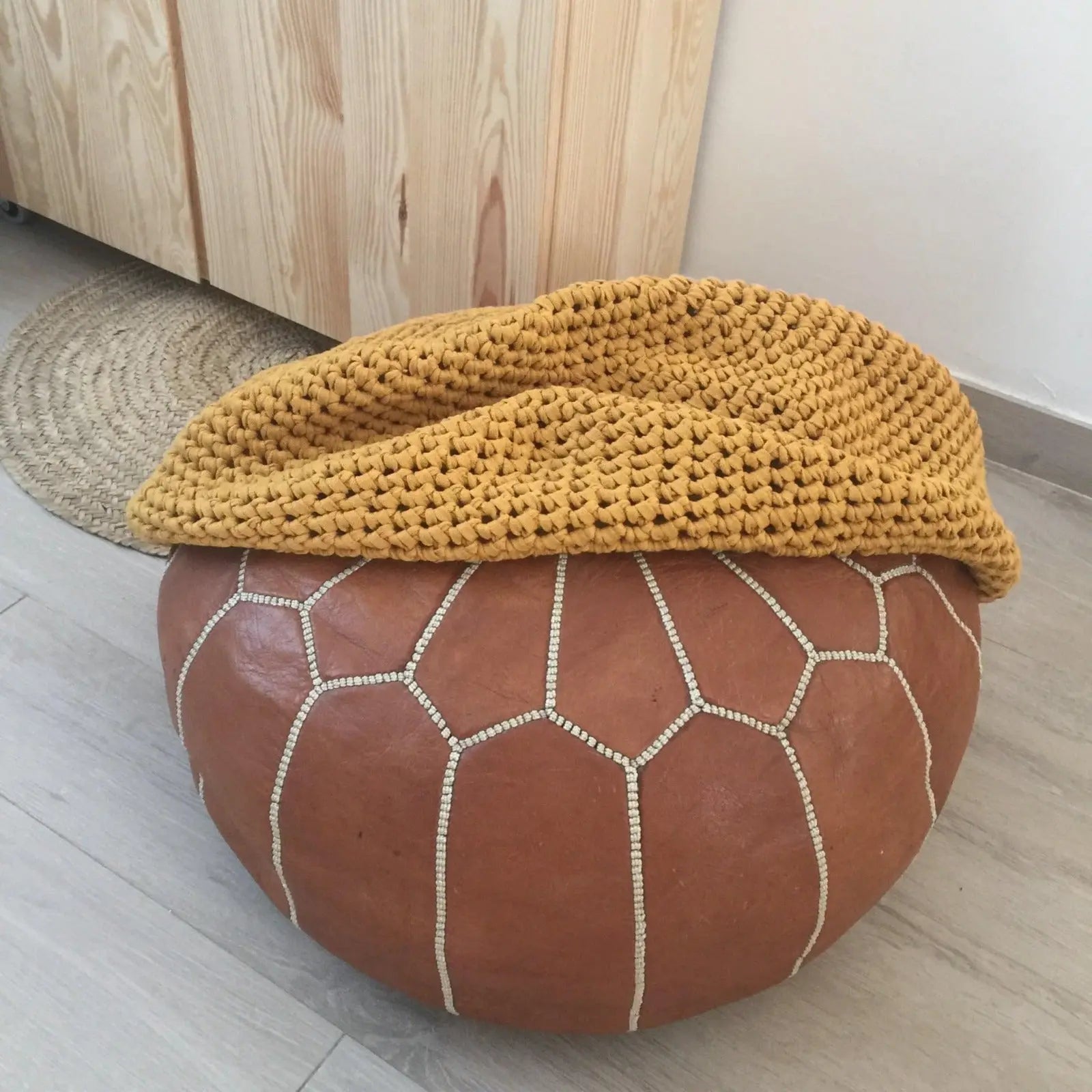 Round Ottoman Slipcovers, Neutral Beige Crochet Cover - Looping Home